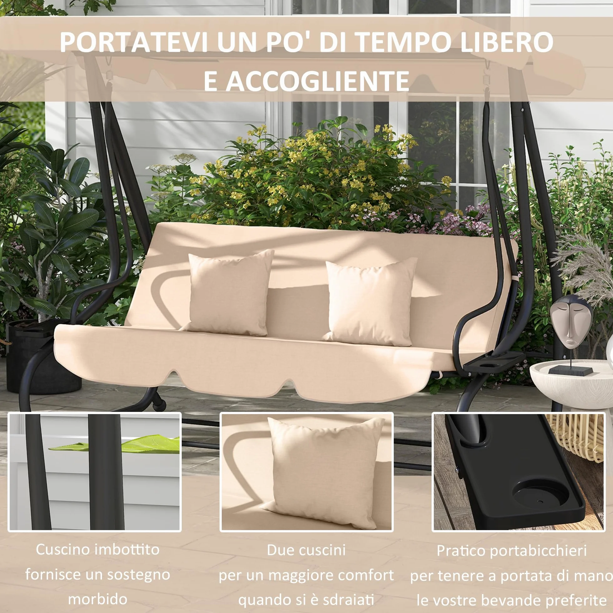 Outsunny Dondolo da Giardino 3 Posti Convertibile in Letto con Tetto Regolabile e Portabicchieri, Dondolo da Esterno in Acciaio e Poliestere, 200x120x164 cm, Marrone Chiaro
