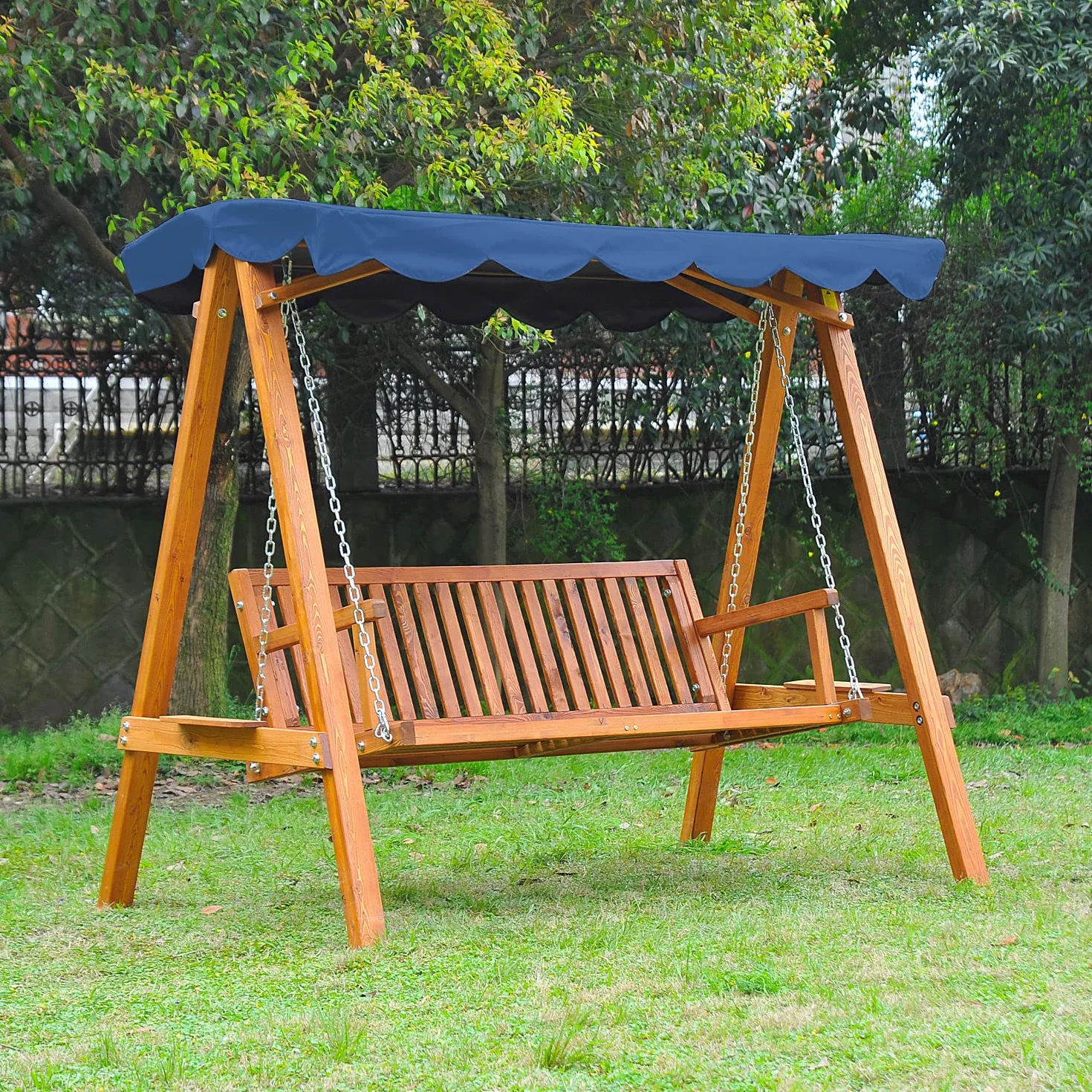 Dondolo da Giardino 3 Posti in Legno con Baldacchino colore Blu Swing