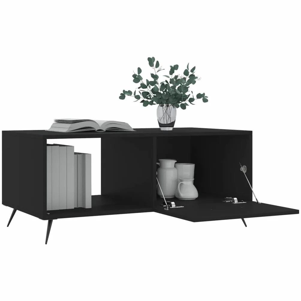 Tavolino nero con vano portaoggetti e porta in legno resistente con superficie liscia e gambe in ferro, 90 x 50 x 40 cm, elegante tavolino da salotto