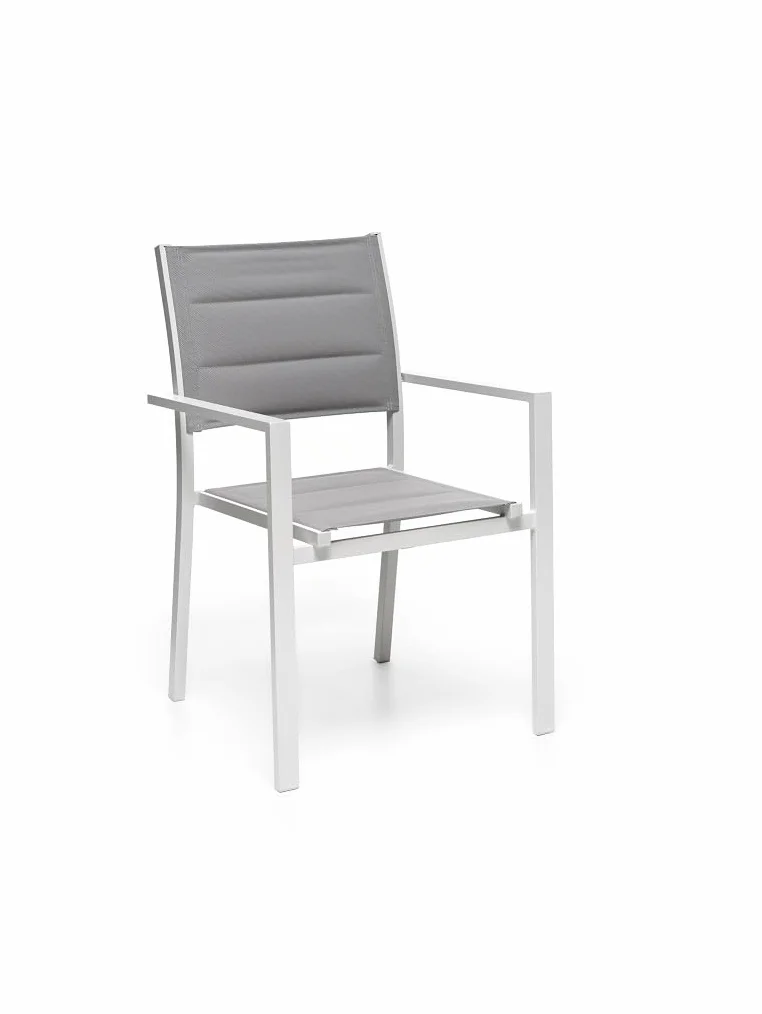 Set 4 Poltrone Da Esterno Alamos Con Braccioli, In Alluminio Verniciato Bianco, Impilabile, L 57 x P 58 x H 86 Cm, Seduta Confortevole In Textilene Per Arredo Giardino