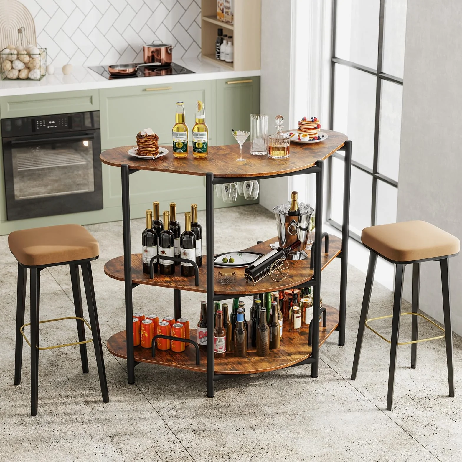 LIFEZEAL Tavolo bar a 3 livelli con portabicchieri da vino, mangia in piedi con deposito e supporto rialzato, tavolo alto da cucina altezza 102 cm, telaio in metallo e ripiani in legno, carico 90 kg
