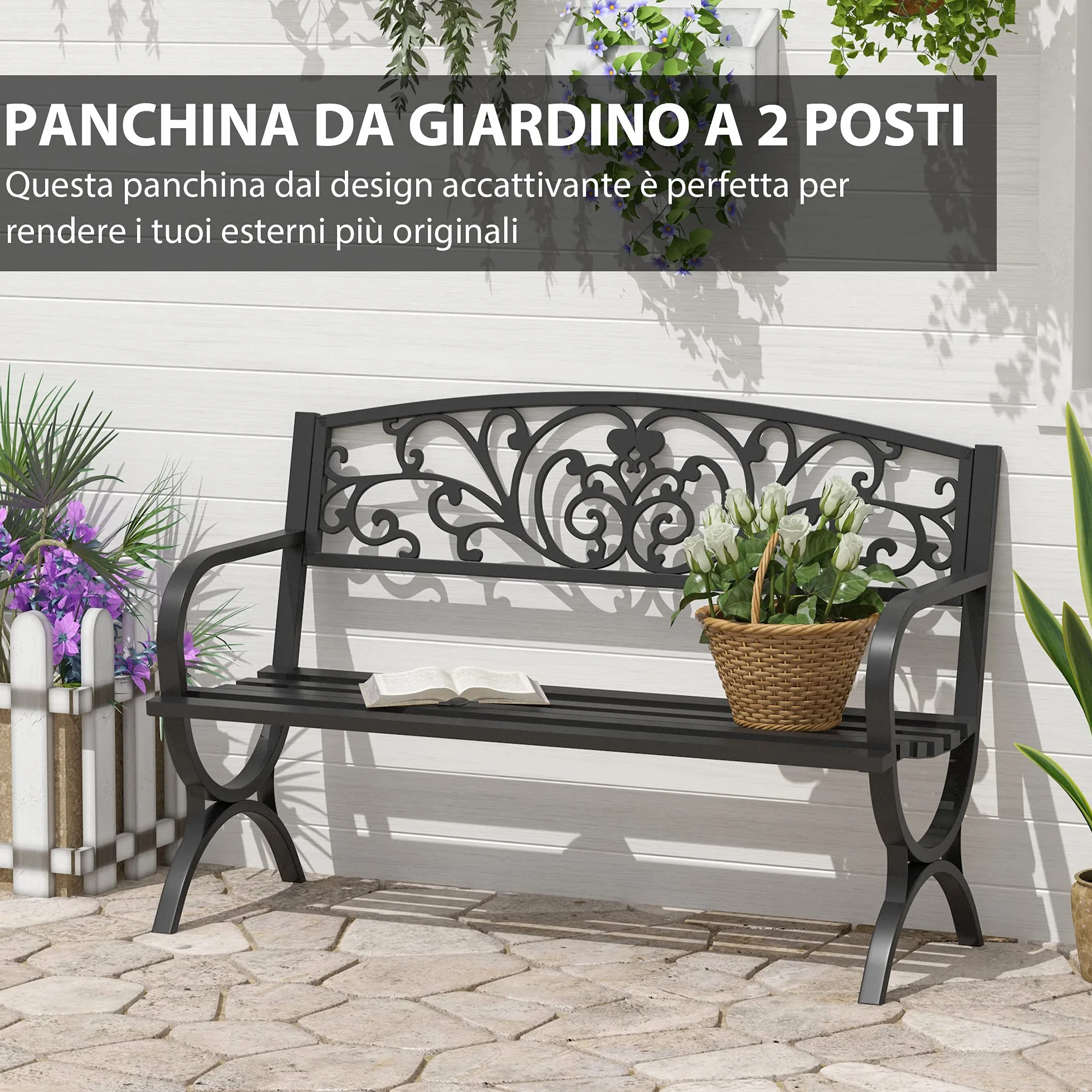 Outsunny Panca Panchina da Giardino Esterno Metallo, Ghisa 127 × 60 × 85cm Nero