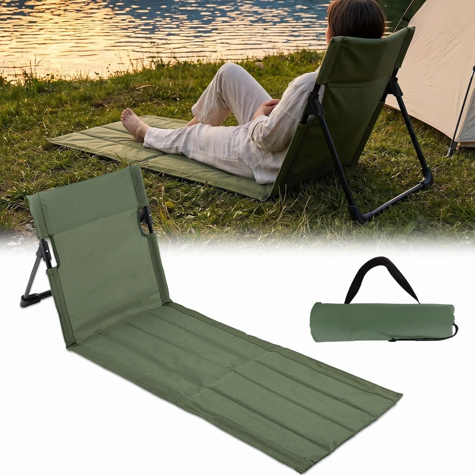 MeYuxg Tappetino da Spiaggia con Schienale, Pieghevole Leggero Materassino da Spiaggia con Schienale Outdoor Schienale Da Spiaggia con Tasca, per Campeggio, Spiaggia, Giardino(Verde-Modello lungo)