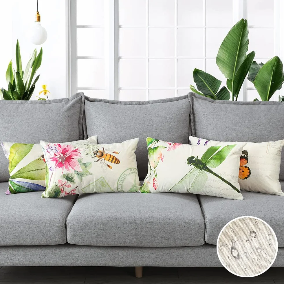 Artscope, confezione da 4 federe per cuscini impermeabili da 30x51 cm, decorative, per primavera, per esterni, patio, giardino, soggiorno, divano, decorazione rustica (insetti e piante)