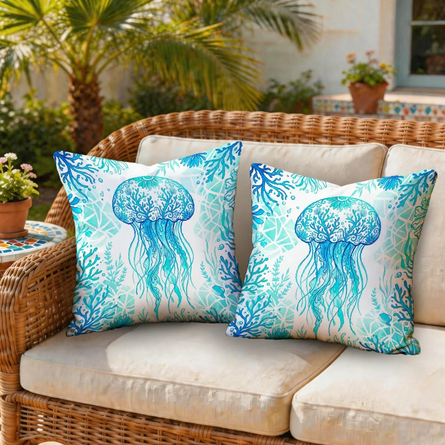 Federa per cuscino da esterno, motivo meduse, oceano, contemporaneo, corallo, alghe estive, resistenti all'acqua, in poliestere, per patio, veranda, terrazza, mobili da esterno, 40,6 x 40,6 cm