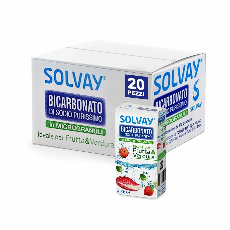Solvay® - Bicarbonato Di Sodio Purissimo in Microgranuli per Frutta e Verdura Multipack - 400 Grammi x 20 confezioni