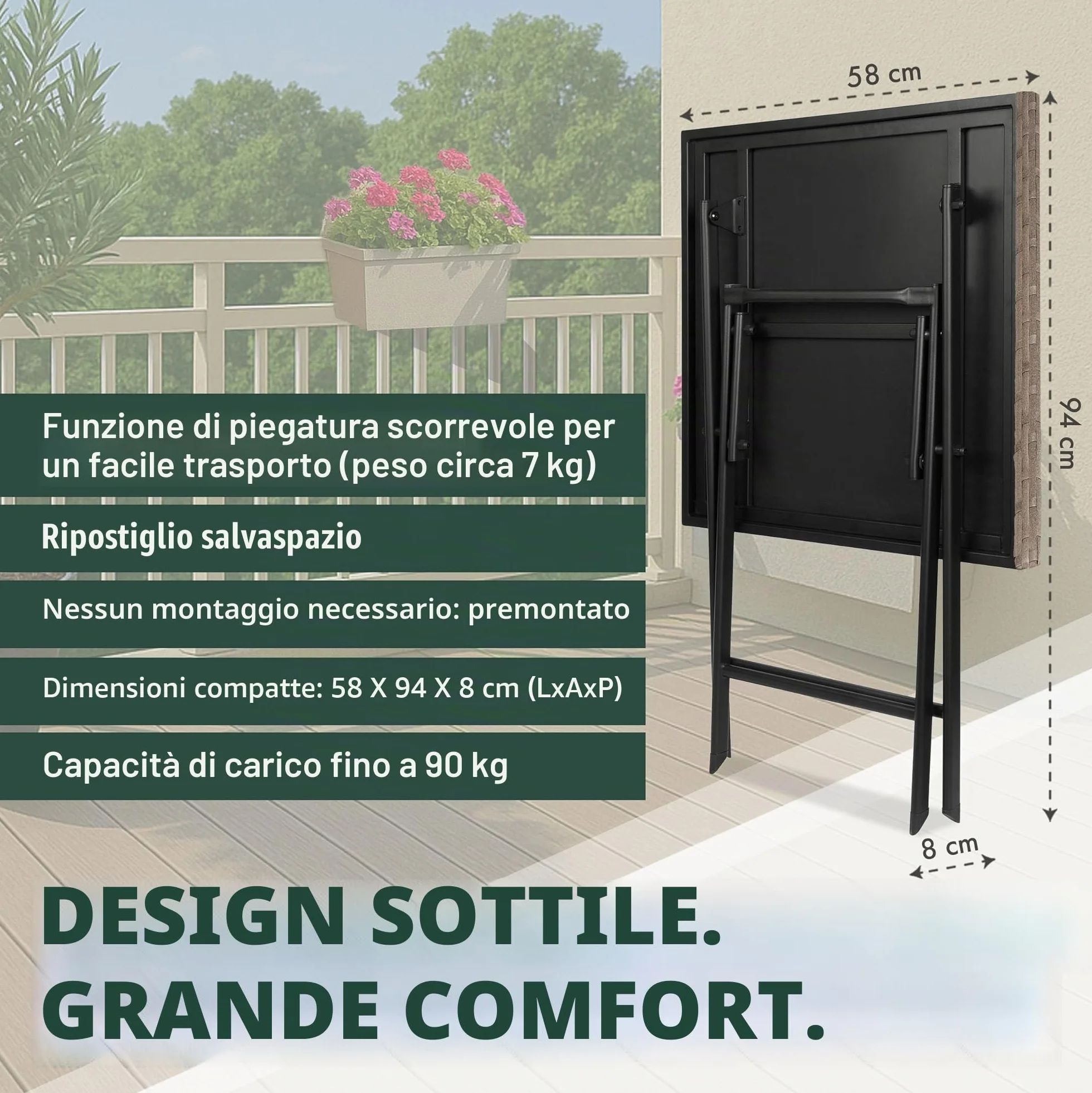 BRUBAKER Tavolo da giardino Toscana, 58 x 58 cm, resistente alle intemperie, in polyrattan e metallo, pieghevole, per balcone, terrazza e tavolo da bistrot, colore grigio
