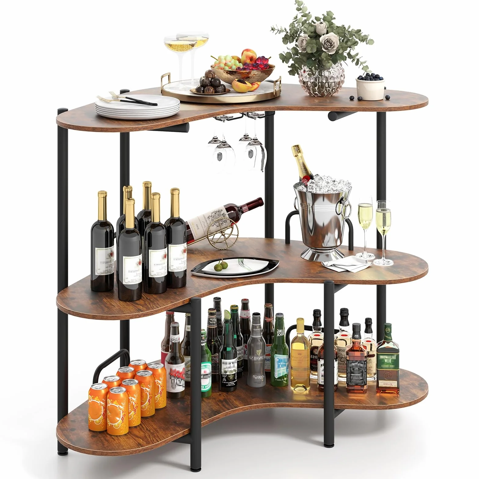 LIFEZEAL Tavolo bar a 3 livelli con portabicchieri da vino, mangia in piedi con deposito e supporto rialzato, tavolo alto da cucina altezza 102 cm, telaio in metallo e ripiani in legno, carico 90 kg