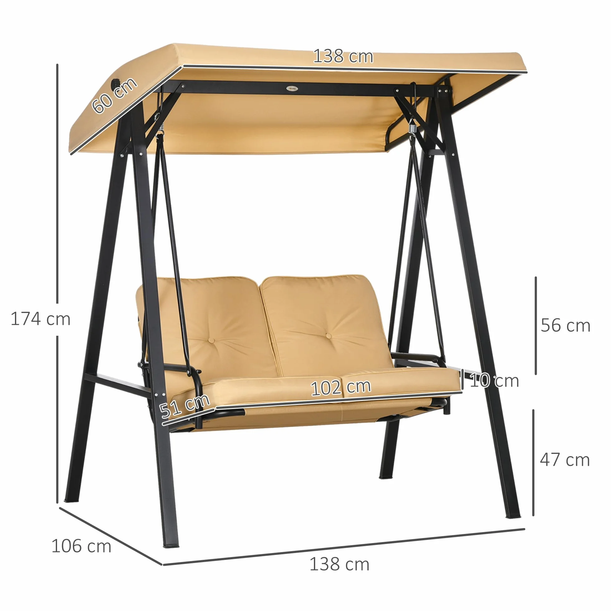 Outsunny Dondolo da Esterno con Tettuccio Regolabile e Cuscini, Dondolo 2 Posti in Acciaio e tessuto Teslin, 145x116x172 cm, Beige