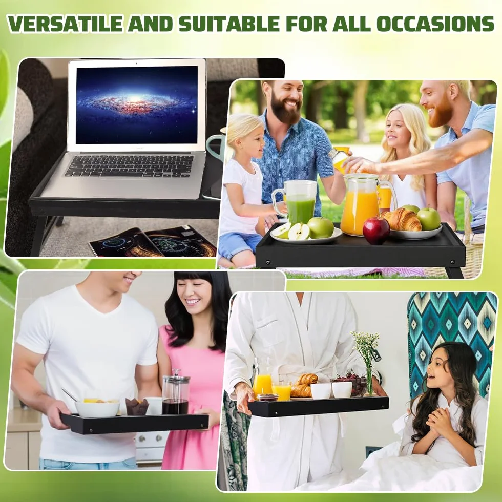 Vassoio da Letto con Gambe Pieghevoli,Vassoio per Colazione a Letto in Bambù HxLxP: 19x40x30 cm,Tavolino da Letto Pieghevole per Computer Portatile (Nero)