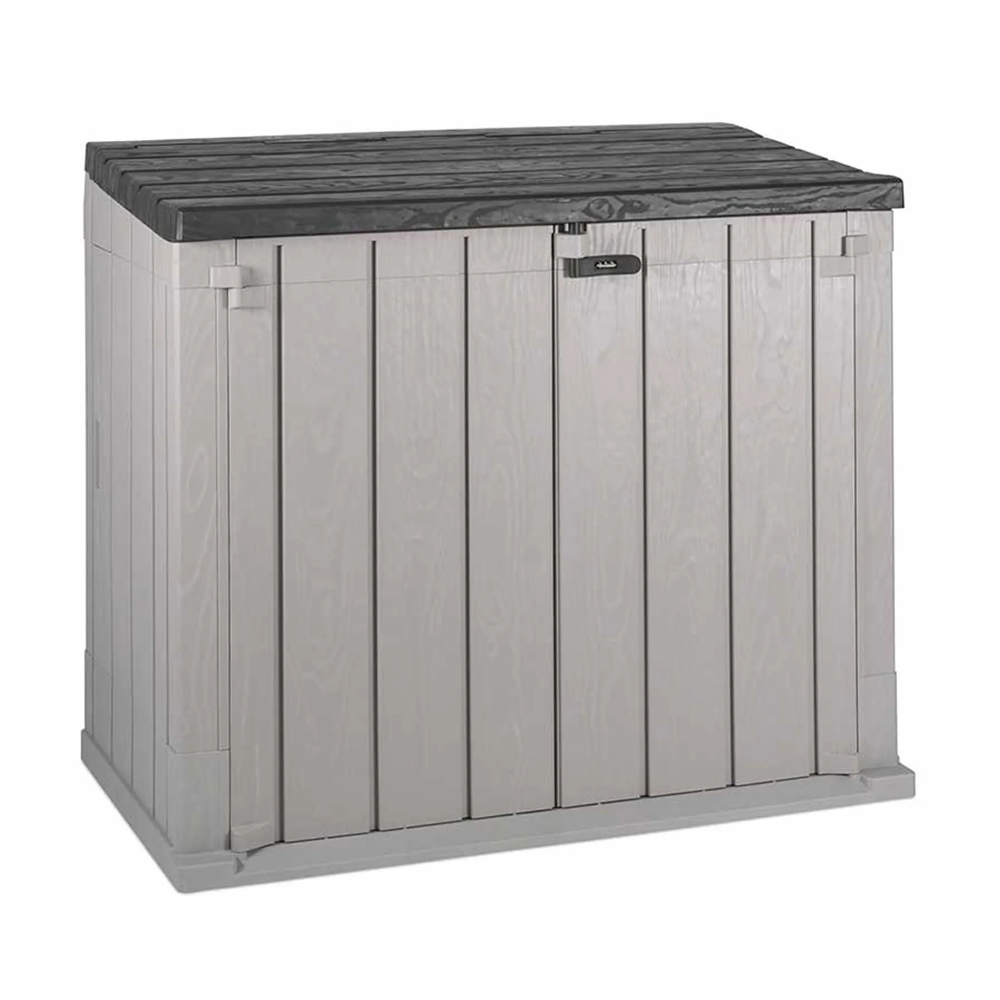 TOOMAX Stora Way Baule da 842L portattrezzi 129,5x74,5x111h cm effetto legno in plastica resistente, grigio talpa/antracite, porta bidoni da 2, con chiusura a chiavistello, ideale per il giardino