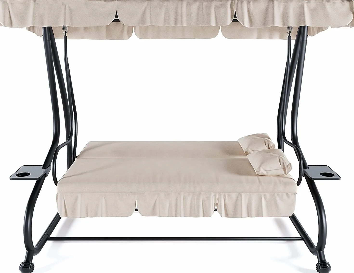 BRICOZONE Dondolo Reclinabile 3 Posti Con Cuscini Imbottiti Parasole Tettuccio Regolabile Diventa Letto Struttura Acciaio Robusto Giardino Esterno Balcone Terrazzo Piscina 200 x 120 x 160 cm Beige