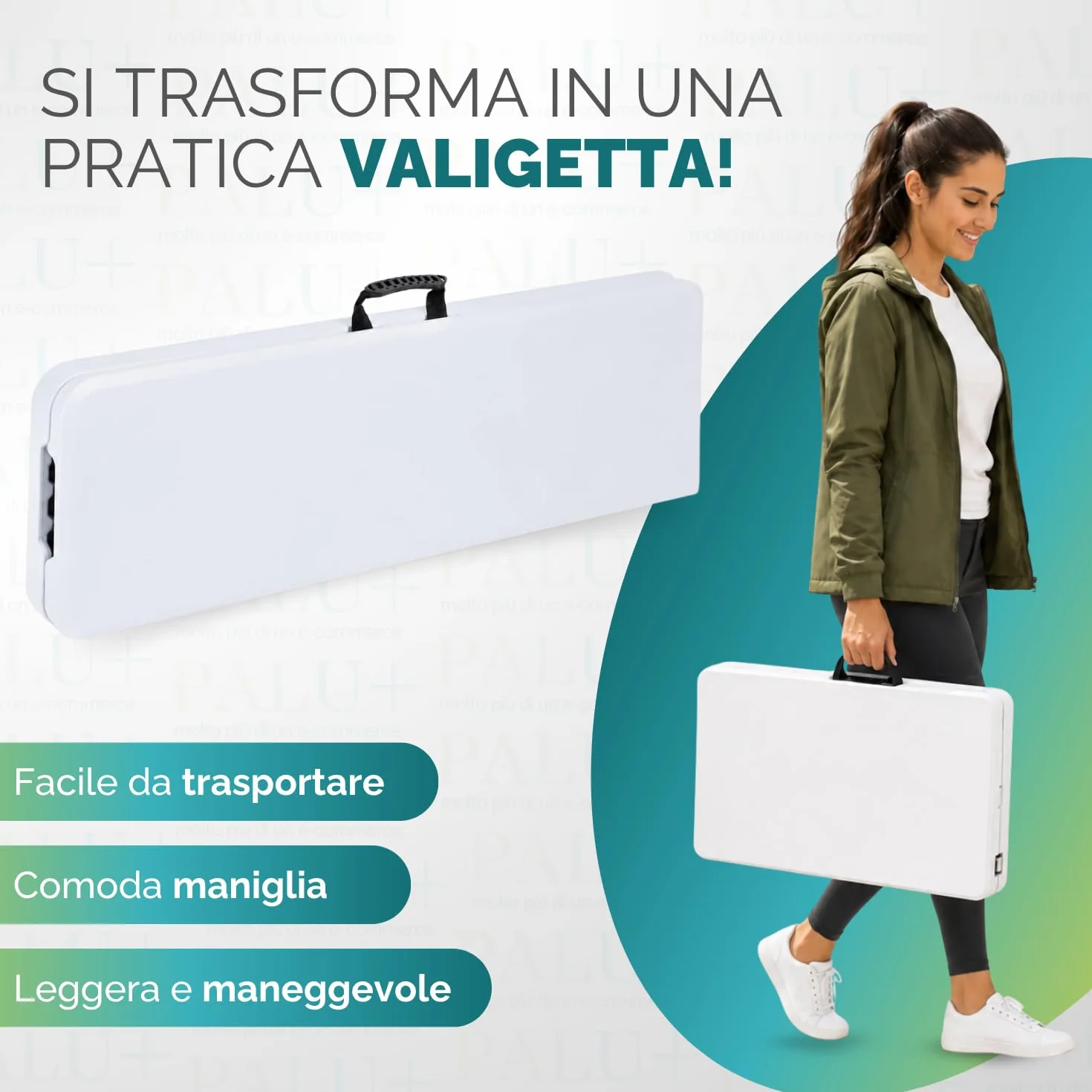 PALUPLUS 2 Panche Pieghevoli da esterno di colore Bianco, Misura 180x29x43 cm, Panchina a Valigetta in Resina e Metallo con maniglia, per giardino, fiera, pic nic, campeggio, Portata 300Kg -8745F -18