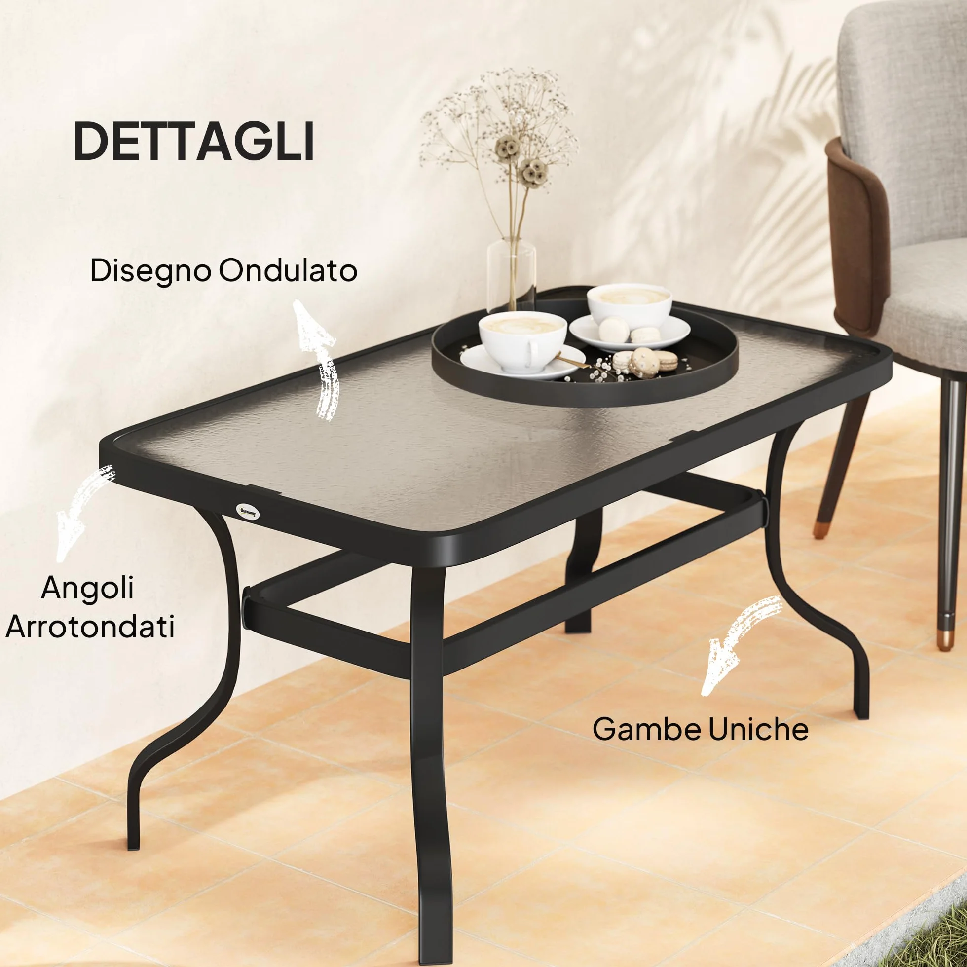 Outsunny Tavolino da Caffè per Esterno Rettangolare con Piano in Vetro Temperato, Tavolino da Giardino in Metallo, 95x55x46 cm, Nero