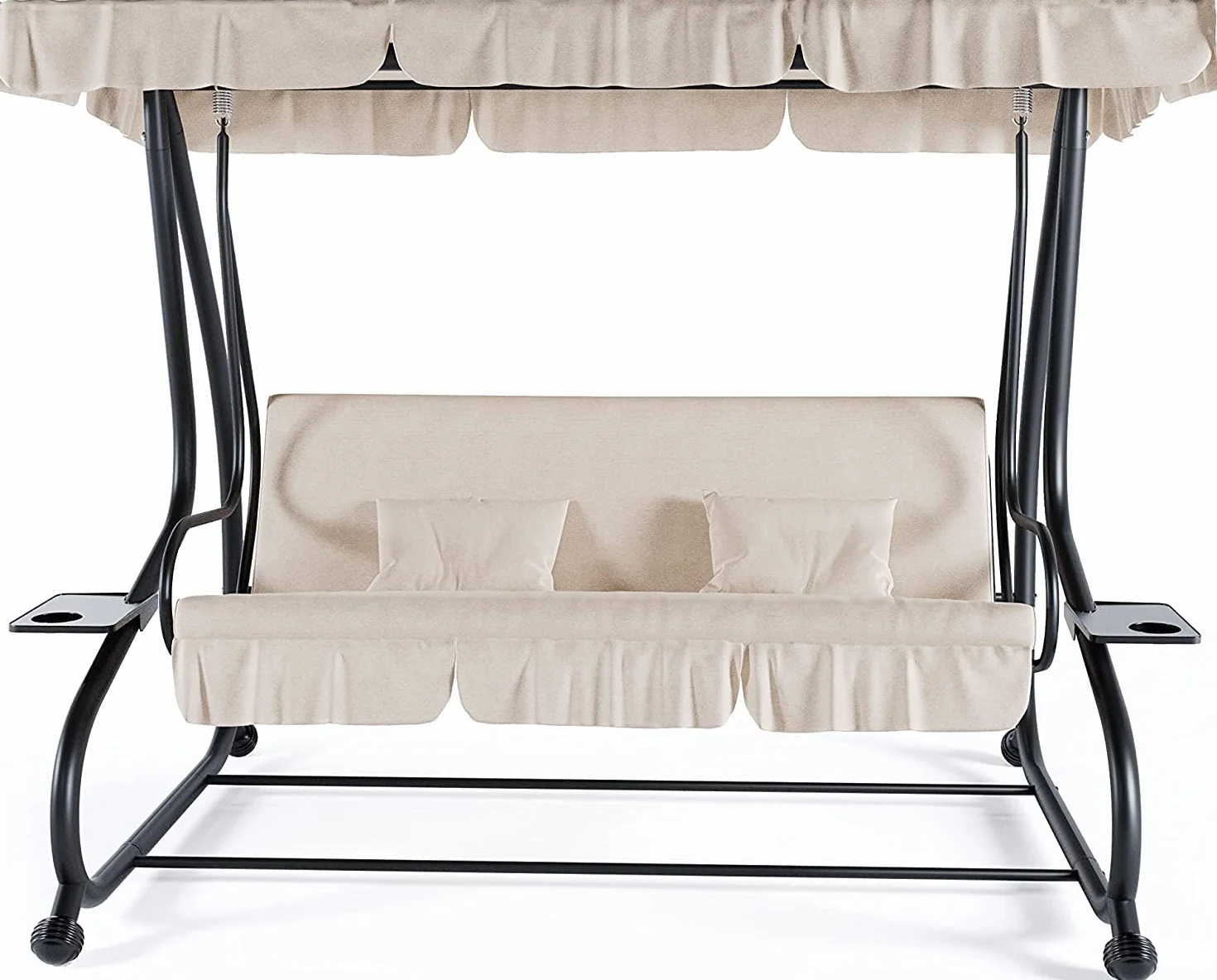 BRICOZONE Dondolo Reclinabile 3 Posti Con Cuscini Imbottiti Parasole Tettuccio Regolabile Diventa Letto Struttura Acciaio Robusto Giardino Esterno Balcone Terrazzo Piscina 200 x 120 x 160 cm Beige