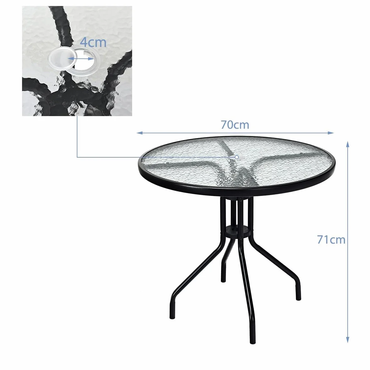 FANTASK Tavolo da giardino resistente alle intemperie, tavolo da balcone rotondo con foro per ombrellone, tavolo da terrazza con piano in vetro temperato, per cortile, 70 x 70 x 71 cm, terrazza e