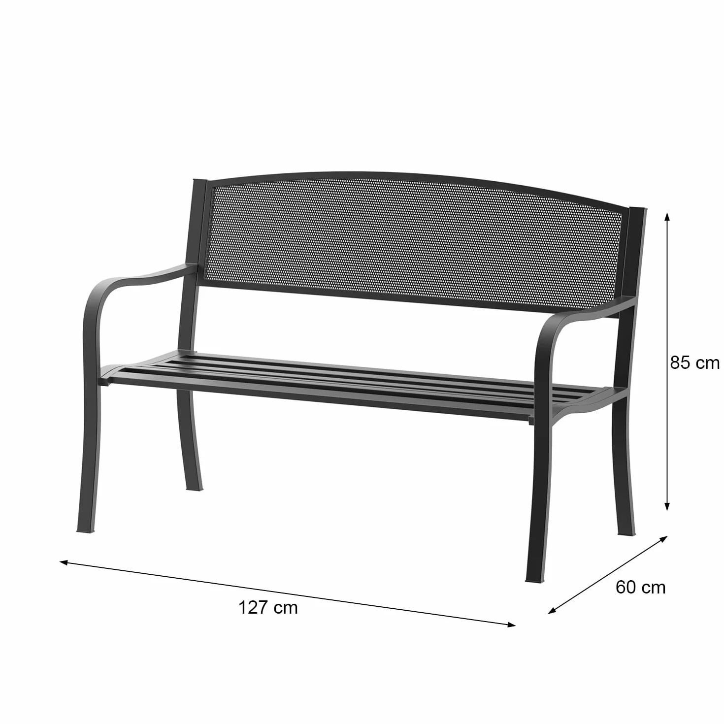 Arreditaly Panchina Da Giardino In Acciaio Panca Da Esterno Elegante 2-3 Posti Con Schienale Traforato E Braccioli Resistente Alle Intemperie Per Terrazzo Patio E Giardino 127 x 60 x 85 Cm Nero