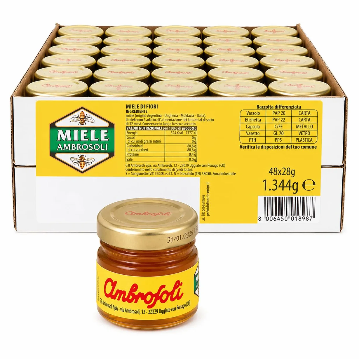 Ambrosoli 48 Porzioni Miele di Fiori 28g, Miele Monodose Pratico per Casa, Ufficio e Colazione