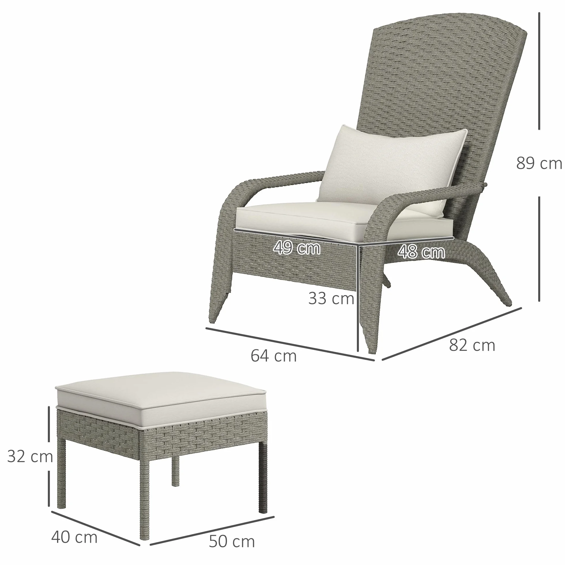 Outsunny Sedia da Giardino con Poggiapiedi, Braccioli e Cuscini Imbottiti, Sedia Adironrack in Rattan e Acciaio, 64x82x89 cm, Grigio e Bianco Crema
