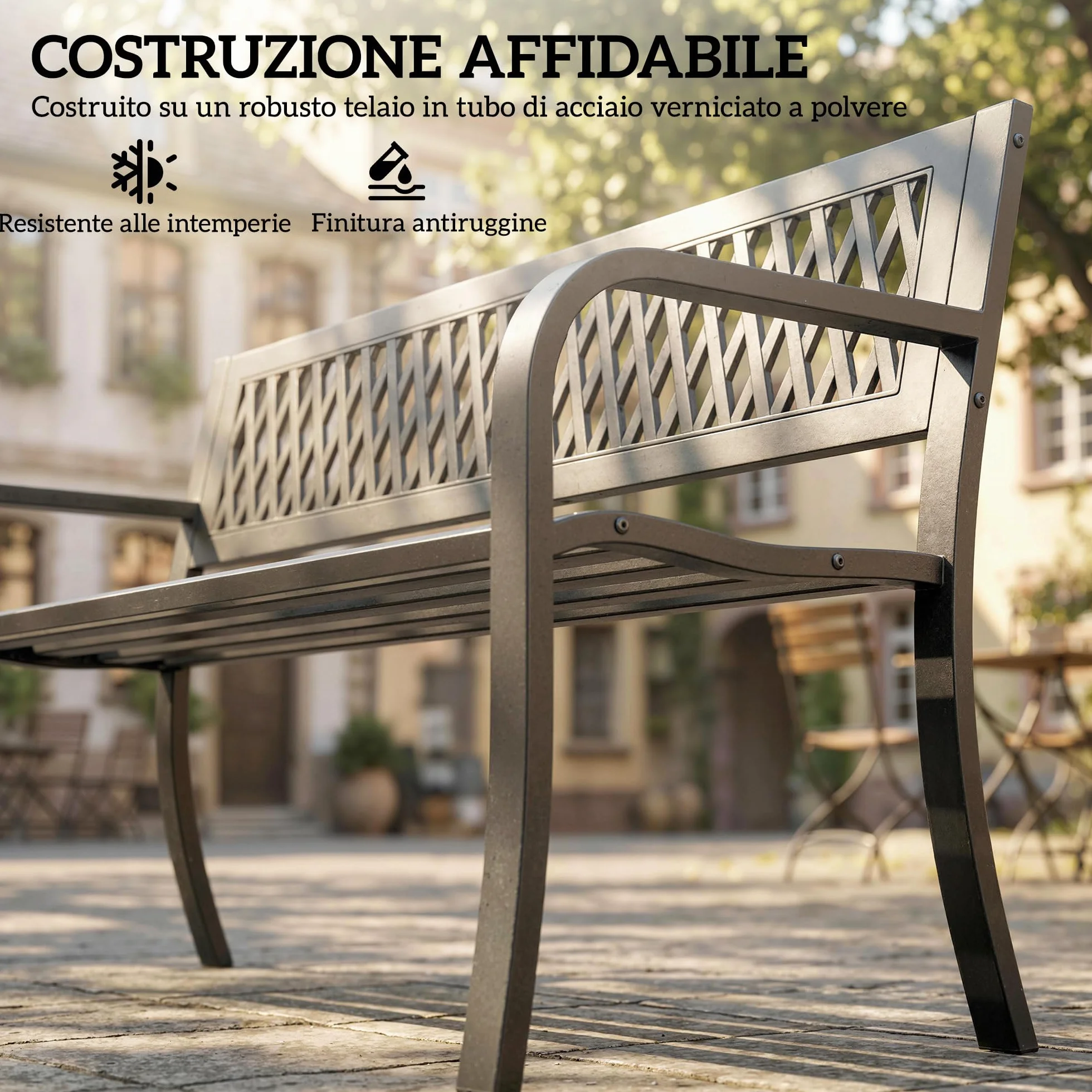 Outsunny Panchina da Giardino per Esterno 2 Posti, Panchina da Patio in Metallo con Braccioli e Seduta a Doghe, per Giardino, Parco, Balcone, Terrazzo, Capacità Fino 240 kg, Nero