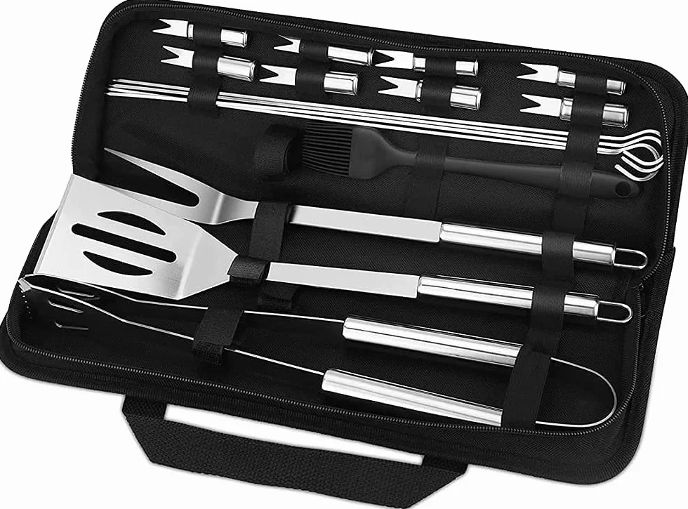 Set di strumenti per barbecue, 16 pezzi, per barbecue, in acciaio inox, per griglia, con scatola di stoccaggio, spatola, forchetta, pinzette, spiedini e pennello per esterni, campeggio, giardino