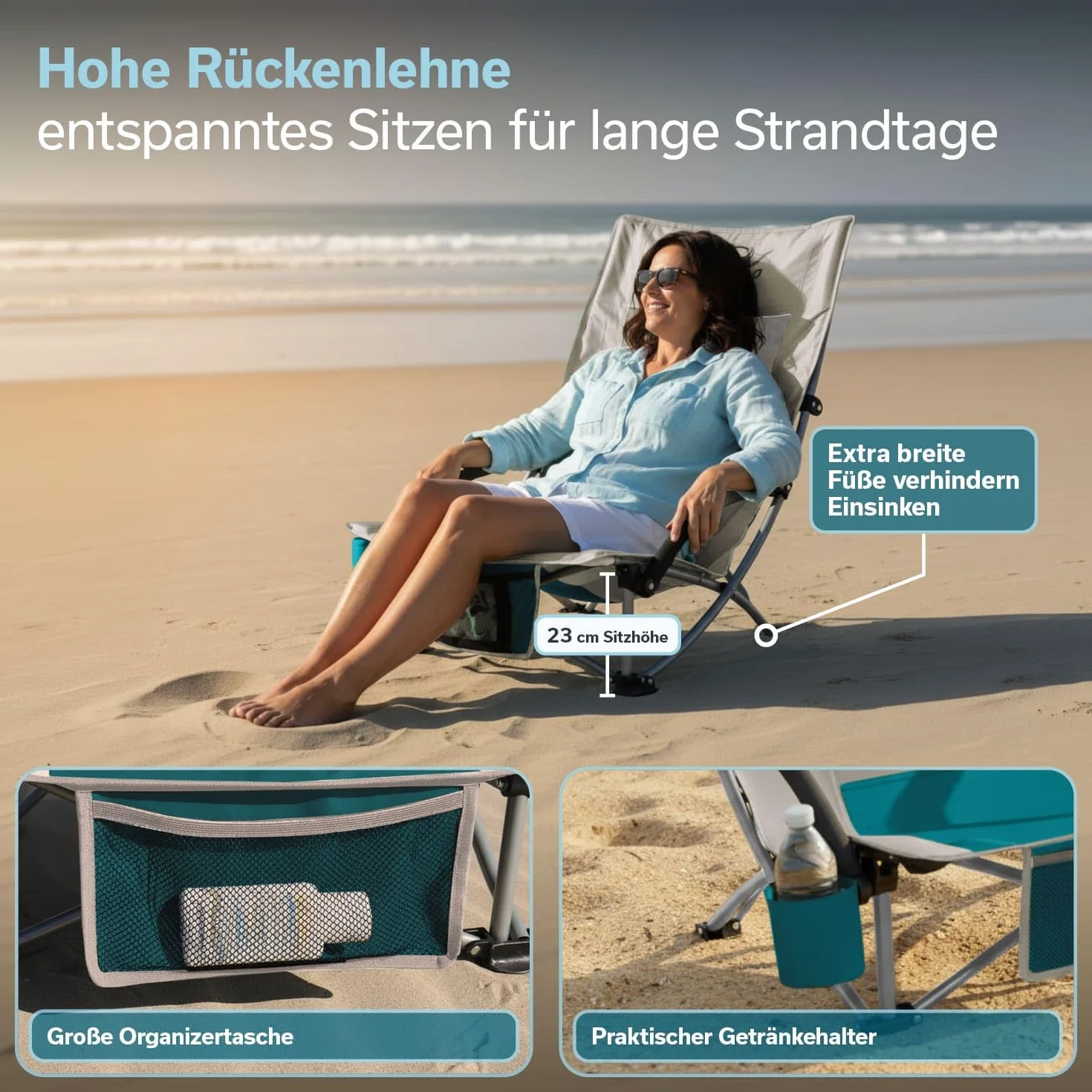 Skandika Sedia da spiaggia pieghevole - rete traspirante, portabicchieri, facile da trasportare e da piegare - peso massimo dell'utente 136 kg (beige/turchese)
