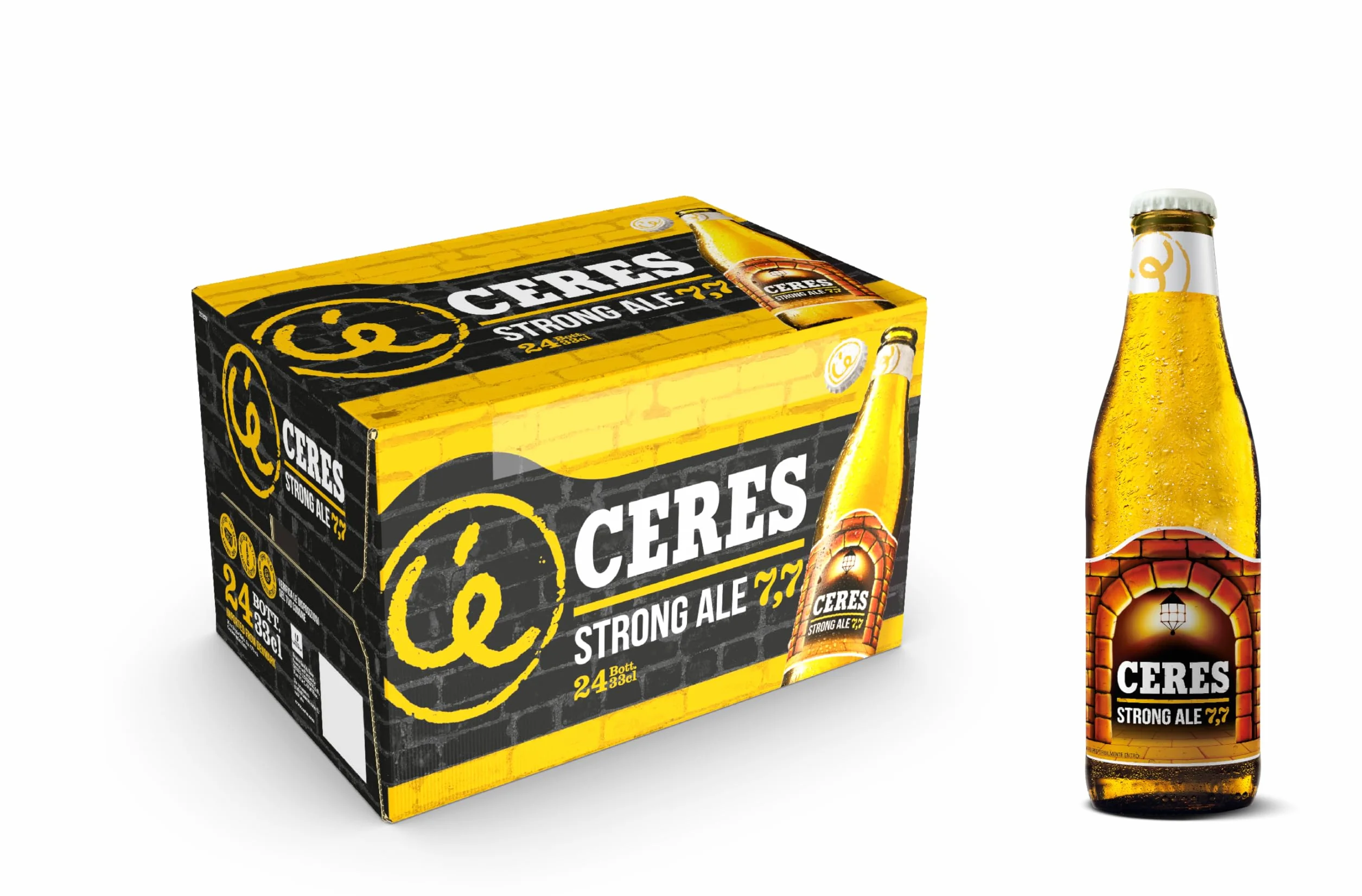 Ceres Strong Ale - 24 Bottiglie da 33 cl, Birra Bionda Doppio Malto con Riflessi Dorati, Gradazione Alcolica 7,7°C, Gusto Ricco ed Intenso con Sentori di Malto