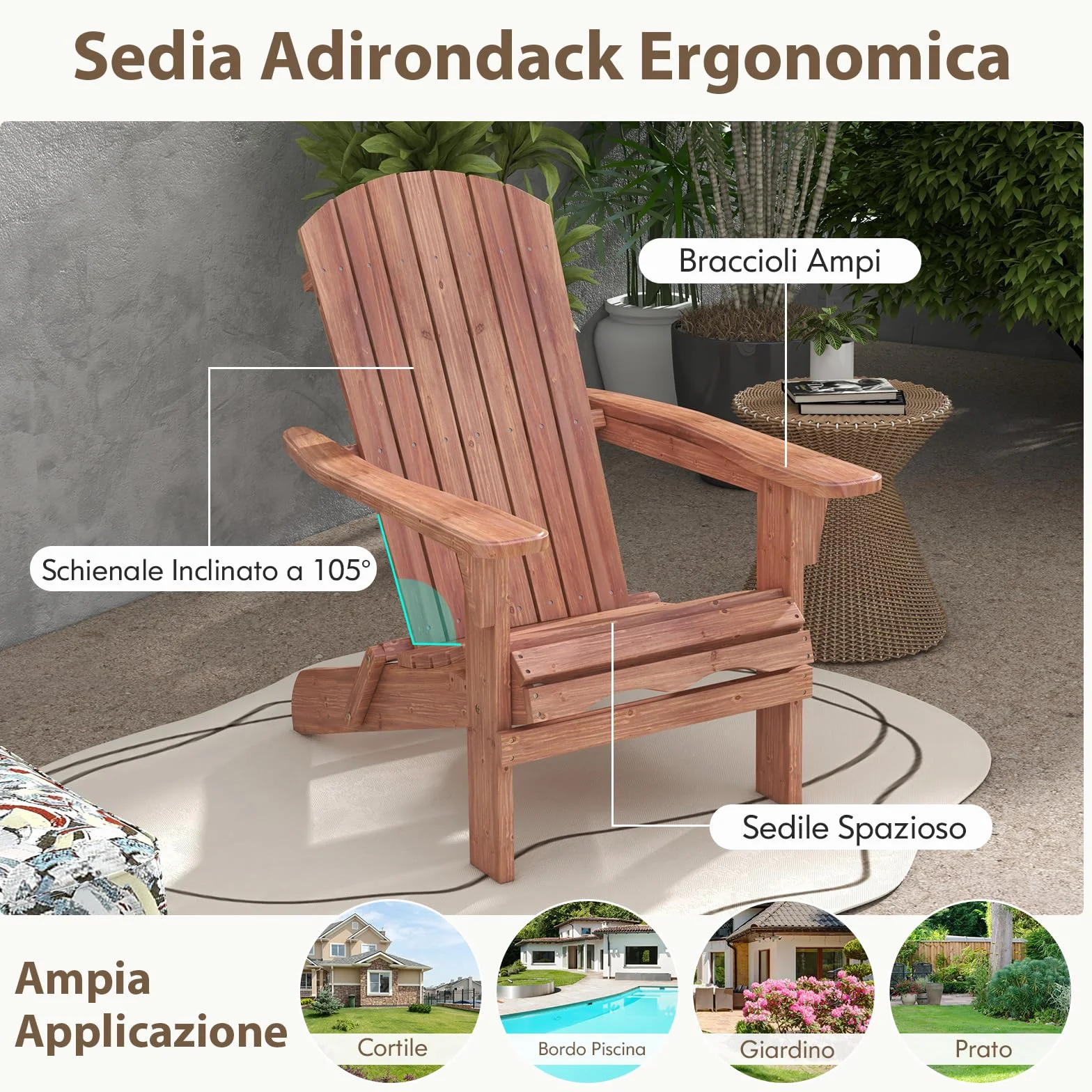 COSTWAY Sedia Adirondack Pieghevole, Sedia da Giardino in Legno di Abete, Poltrona Prendisole con Schienale Alto, Portata 180 kg, 89 x 71 x 94 cm (2, Marrone, 89 x 71 x 94 cm)