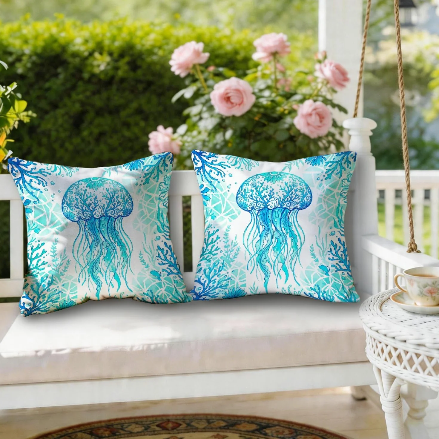 Federa per cuscino da esterno, motivo meduse, oceano, contemporaneo, corallo, alghe estive, resistenti all'acqua, in poliestere, per patio, veranda, terrazza, mobili da esterno, 40,6 x 40,6 cm