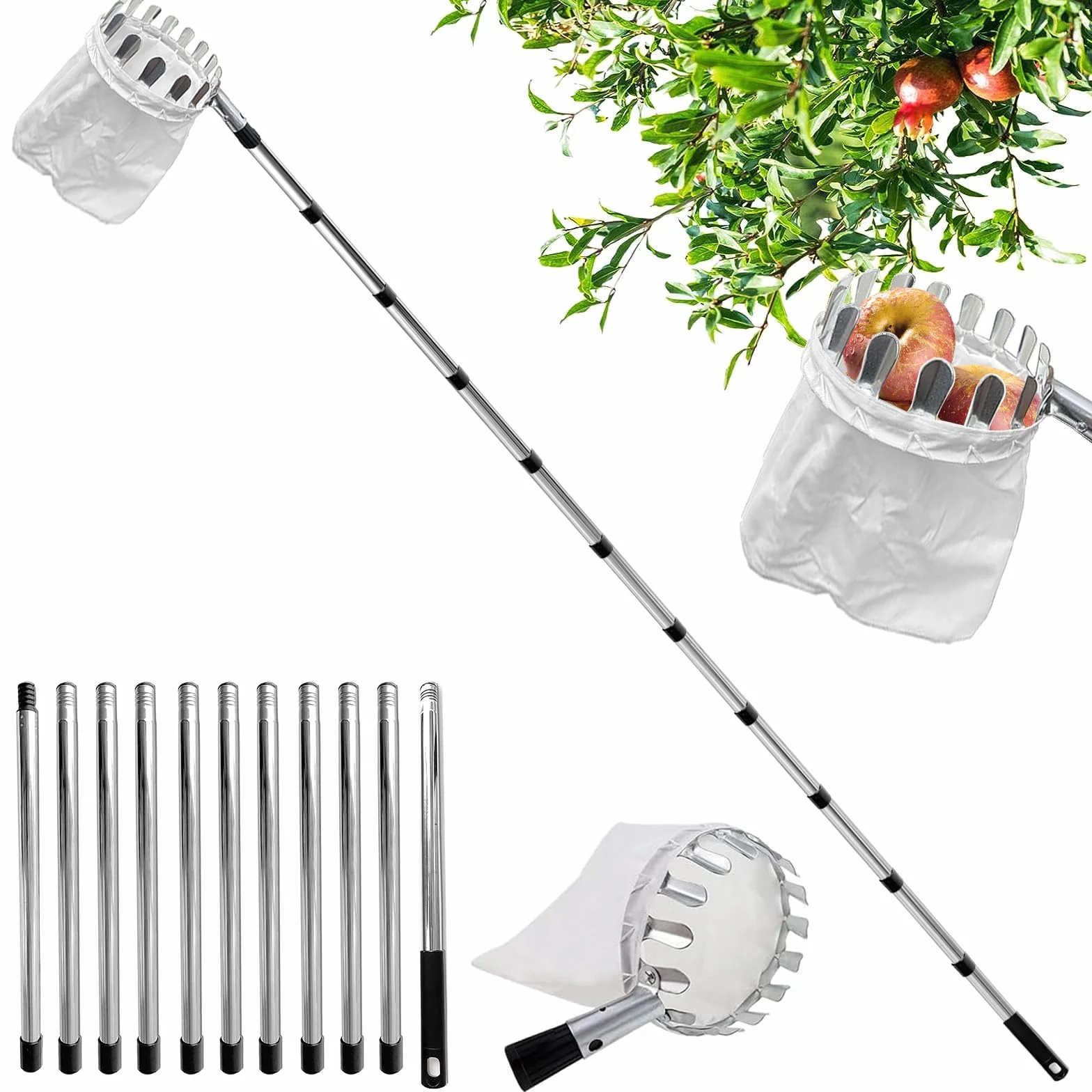 Raccoglitore di Frutta da 4.2m con Manico telescopico-Raccoglitore di Mele con Sacchetti di Tessuto,Raccogli Frutta Regolabile in Altezza per Limoni,Mele,Pere,Pesche,Manghi Arance.