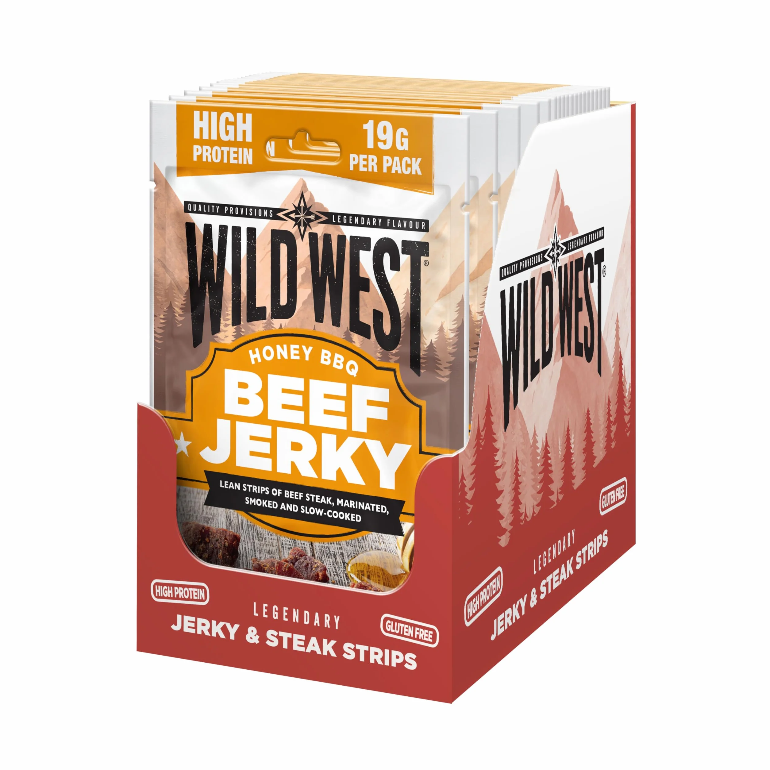 Wild West Beef Jerky 16x60g Honey BBQ, carne secca proteica, snack proteico Beef Jerky, carne essiccata di manzo