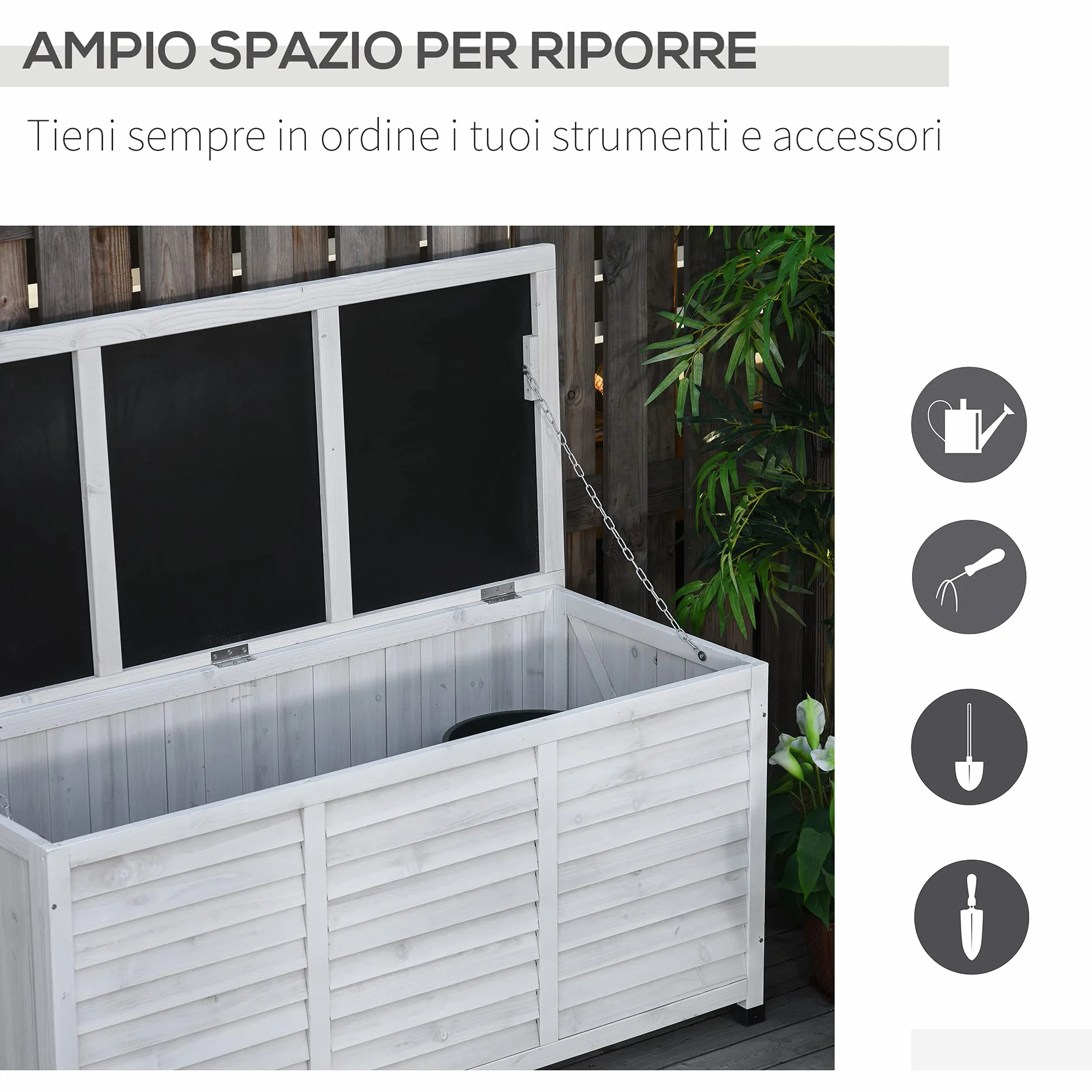 Outsunny Baule da Esterno in Legno di Abete con Base Rialzato e Coperchio, Cassapanca Contenitore da Esterno Impermeabile, 127x56x60 cm, Bianco