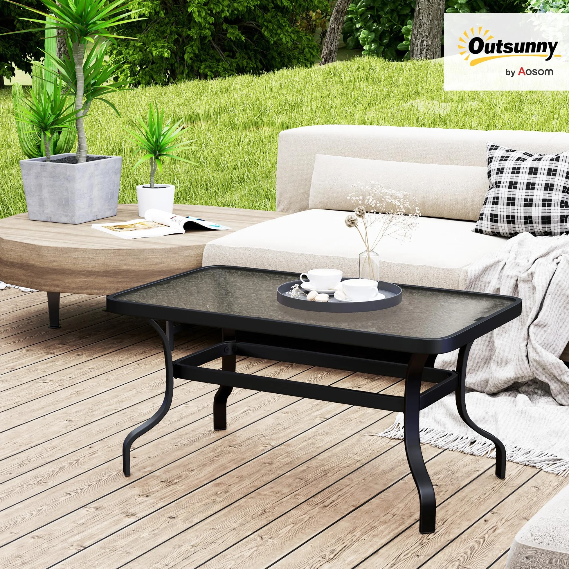 Outsunny Tavolino da Caffè per Esterno Rettangolare con Piano in Vetro Temperato, Tavolino da Giardino in Metallo, 95x55x46 cm, Nero