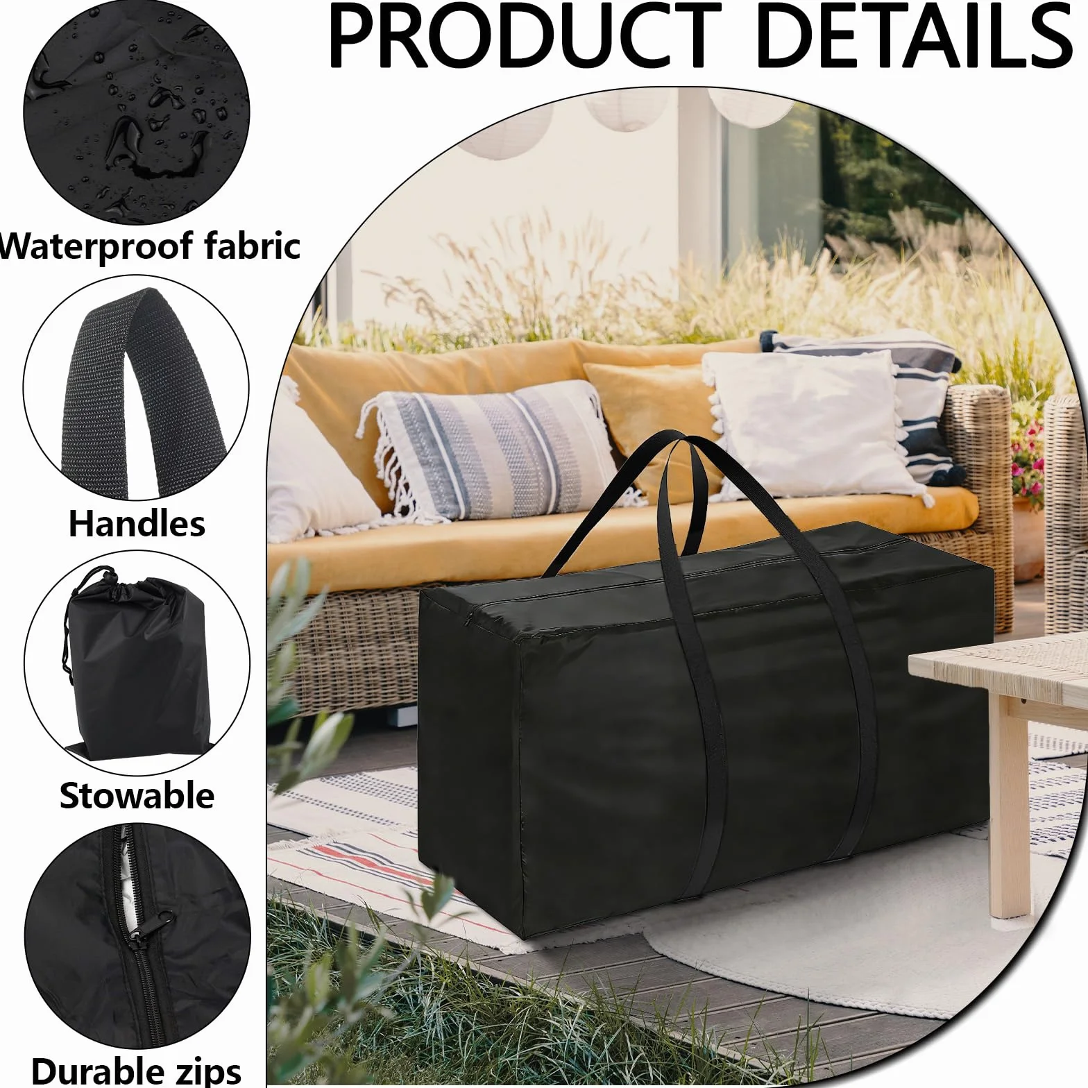 Borsa per Cuscini da Giardino, Borsa Porta Cuscini da Giardino, Porta Albero di Natale, Sacco Albero di Natale, in Tessuto Oxford 210D Resistente ai Raggi UV con Maniglie Rinforzate Nero