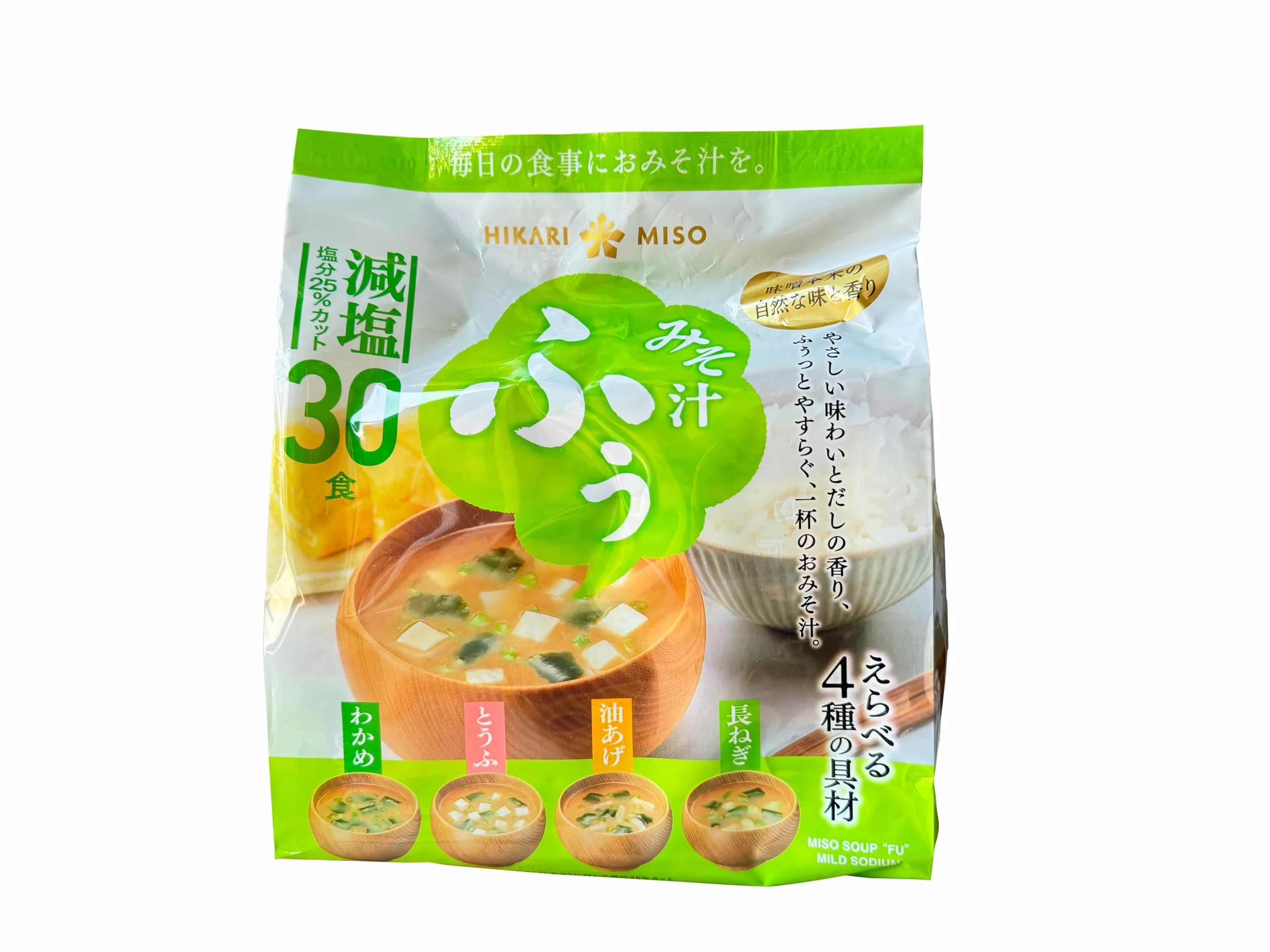 Hikari Miso Zuppa Miso Istantanea Giapponese, 4 Sapori, Confezione da 30 Zuppe Miso (Alghe Wakame, Cipolle Verdi, Tofu, Tofu Fritto), Contenuto di Sale ridotto del 25%
