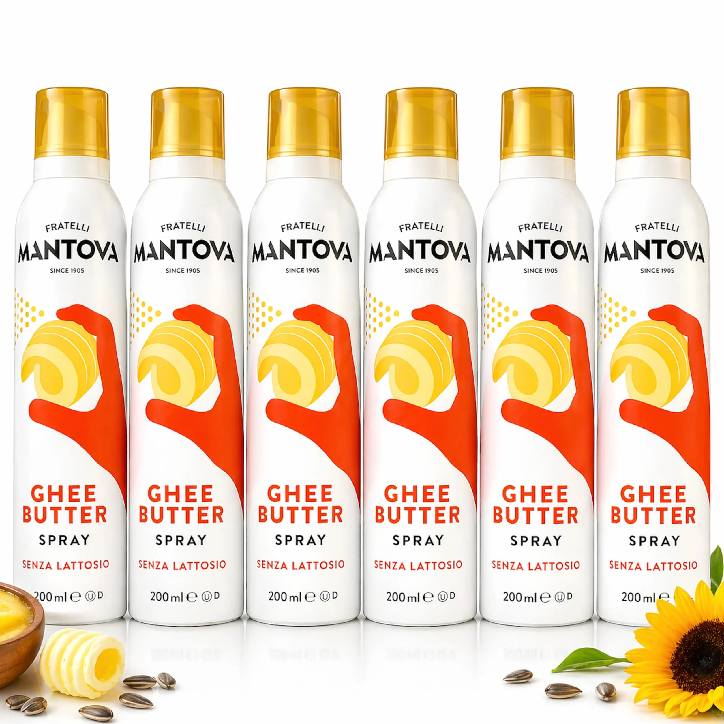 Mantova Ghee Butter Spray Family Pack 6x200 ml – 100% Naturale, Leggero e Facile – Risparmio fino al 90% – Spray e Nebulizzatore, per Cucina, Forno, Padella – Idea Regalo