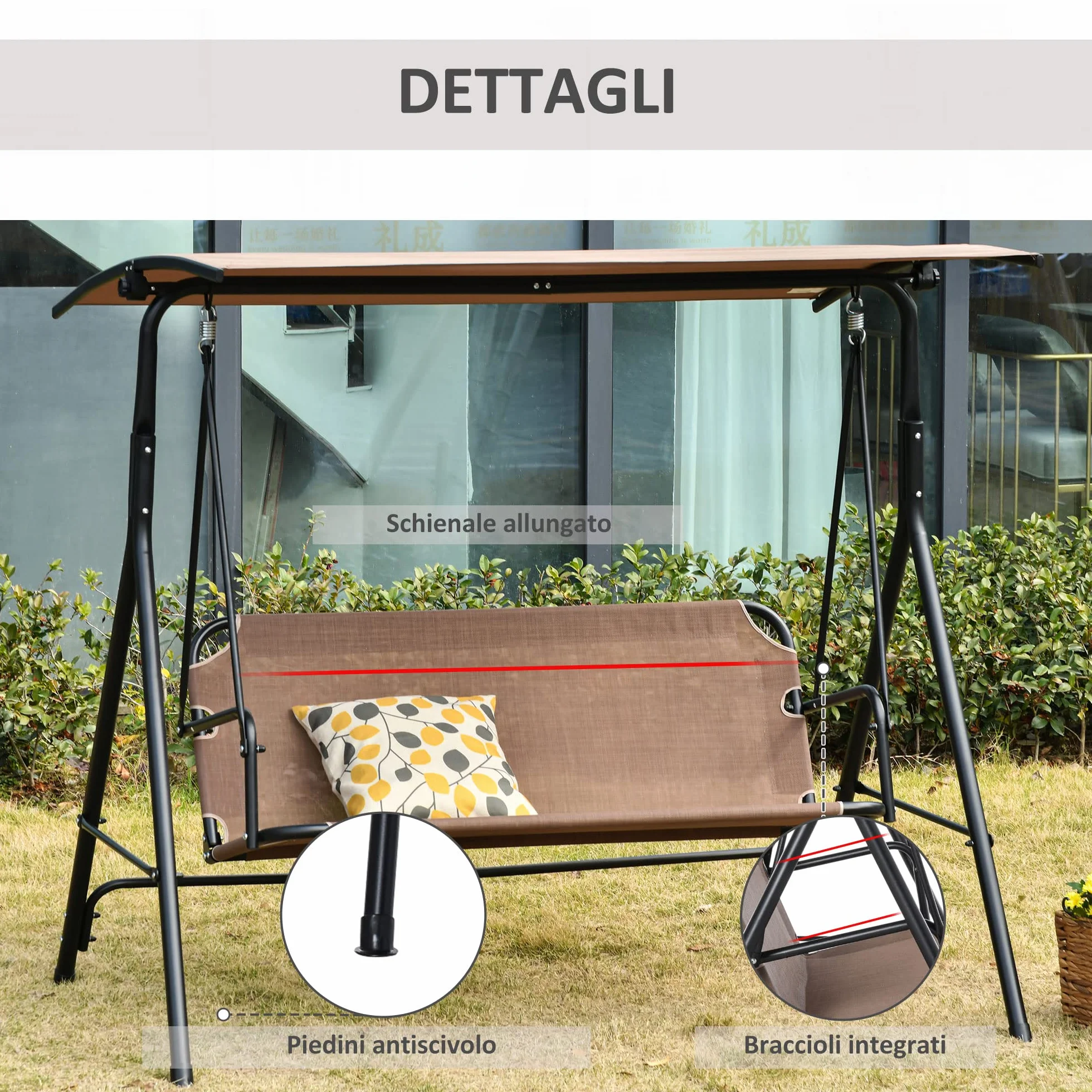 Outsunny Dondolo da Giardino Terrazza 2 Posti con Tettuccio Parasole Regolabile, Metallo e Texteline 172x110x155cm Marrone