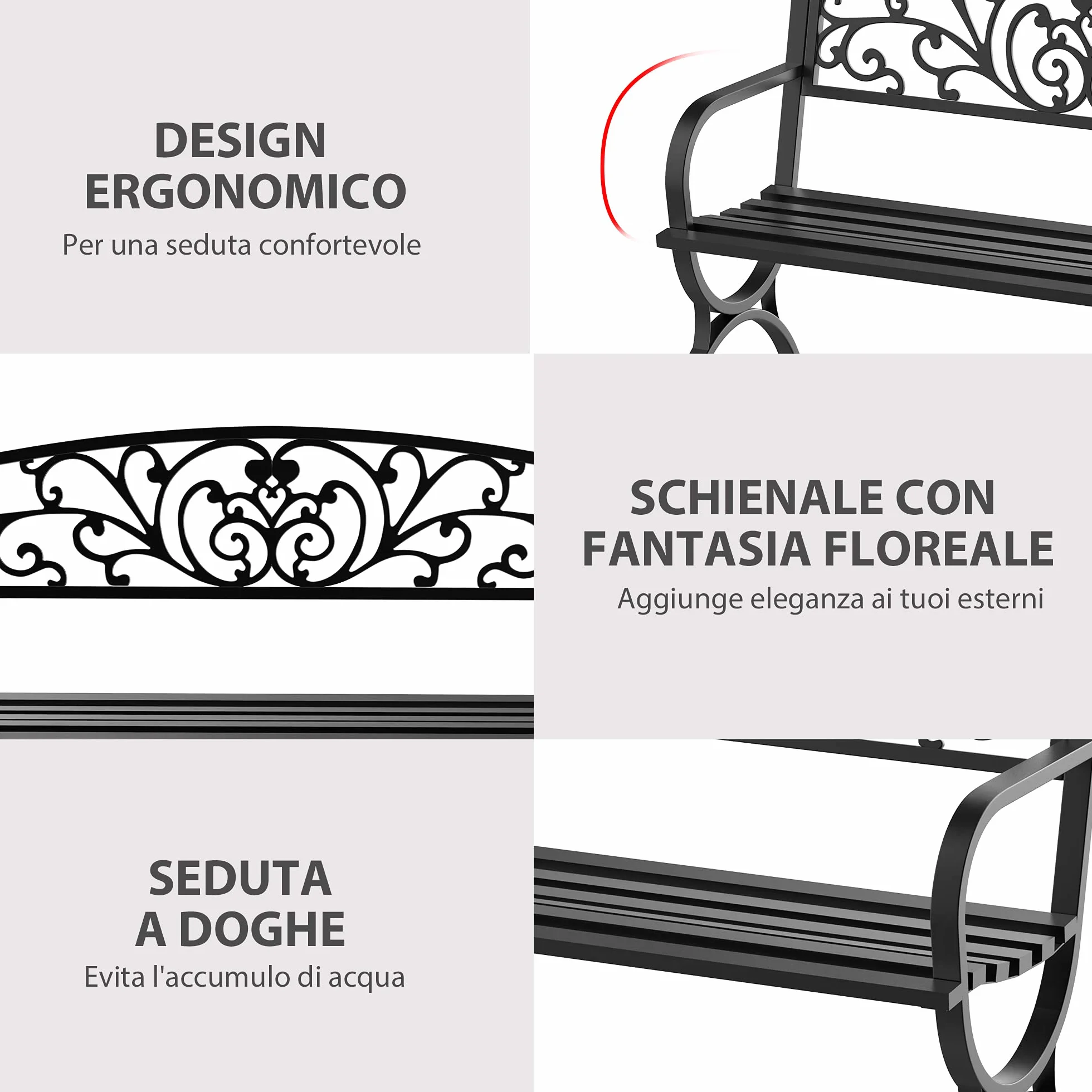 Outsunny Panca Panchina da Giardino Esterno Metallo, Ghisa 127 × 60 × 85cm Nero