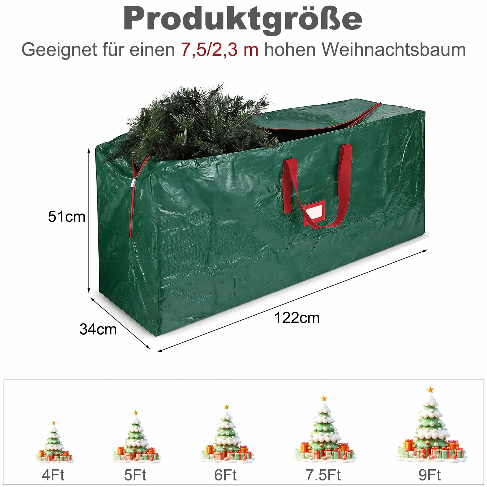 Christmas Tree Storage Bag for Artificial Trees with in 220 cm, Christmas Tree Bag with Reinforced Handles and Zip,600D Oxford Fabric, Waterproof Bag for Christmas Tree, Green