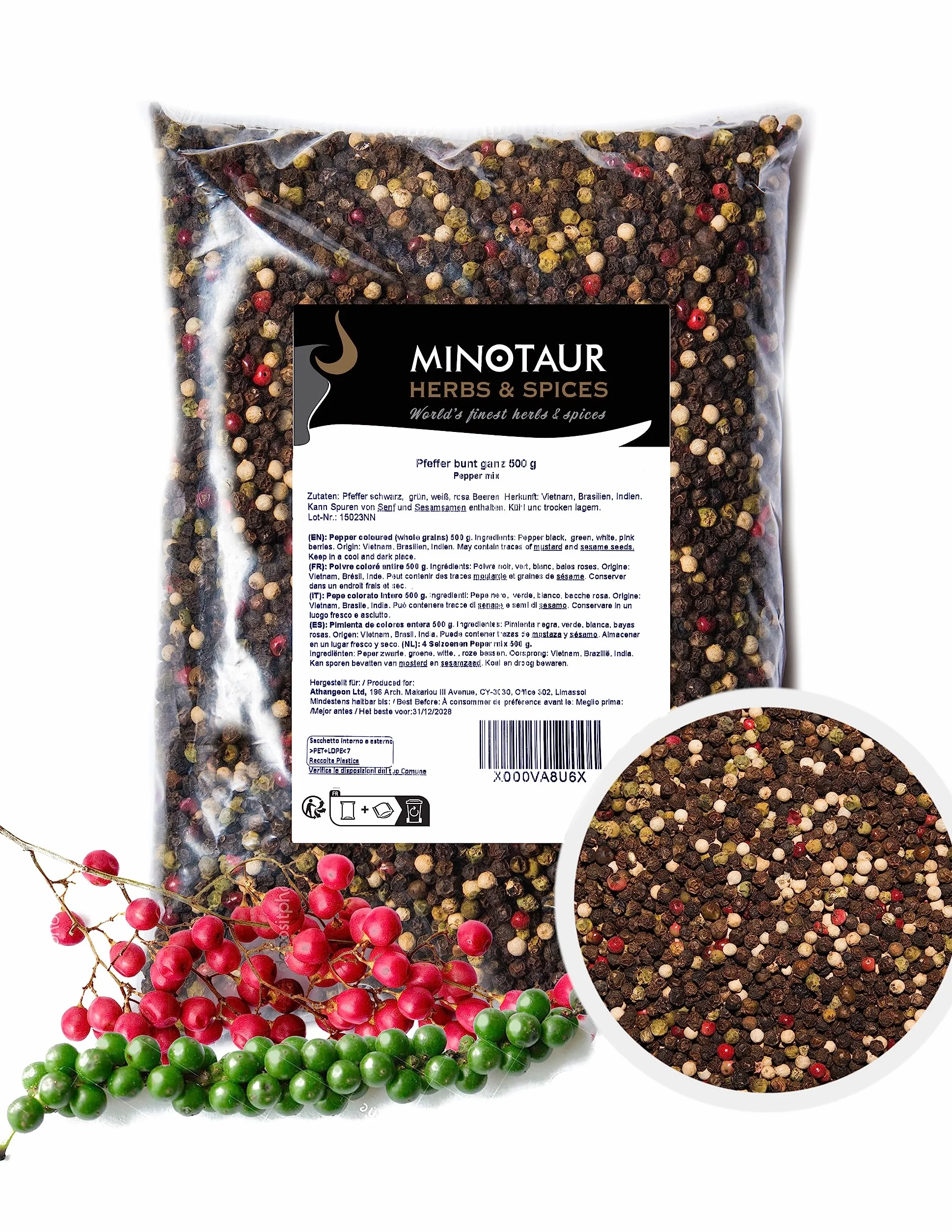 Minotaur Spices | Pepe colorato Intero | 2 x 500g (1 kg) | Pepe colorato da grani Neri, Bianchi, Verdi e Rosa