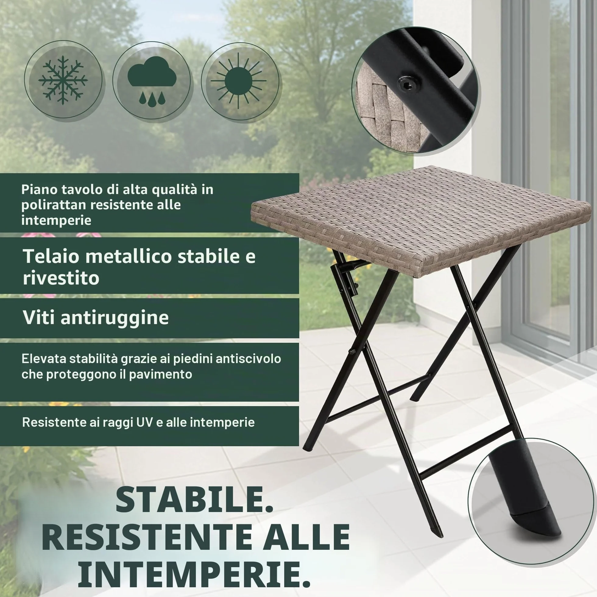 BRUBAKER Tavolo da giardino Toscana, 58 x 58 cm, resistente alle intemperie, in polyrattan e metallo, pieghevole, per balcone, terrazza e tavolo da bistrot, colore grigio