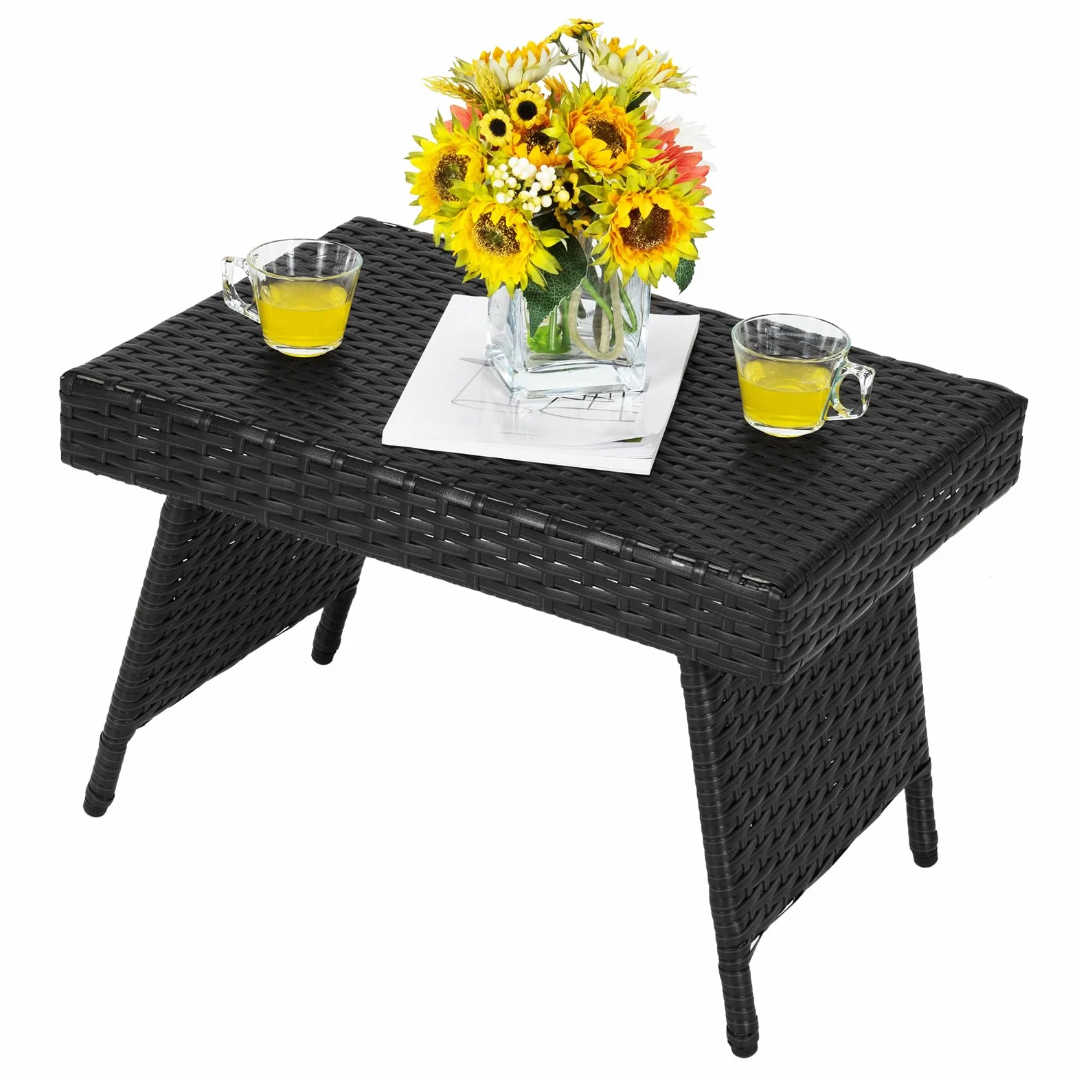 LIFEZEAL Tavolino da salotto pieghevole in rattan, tavolino da esterno con struttura in acciaio 60 x 40 x 40 cm, tavolo da giardino con capacità di carico di 45 kg (nero)