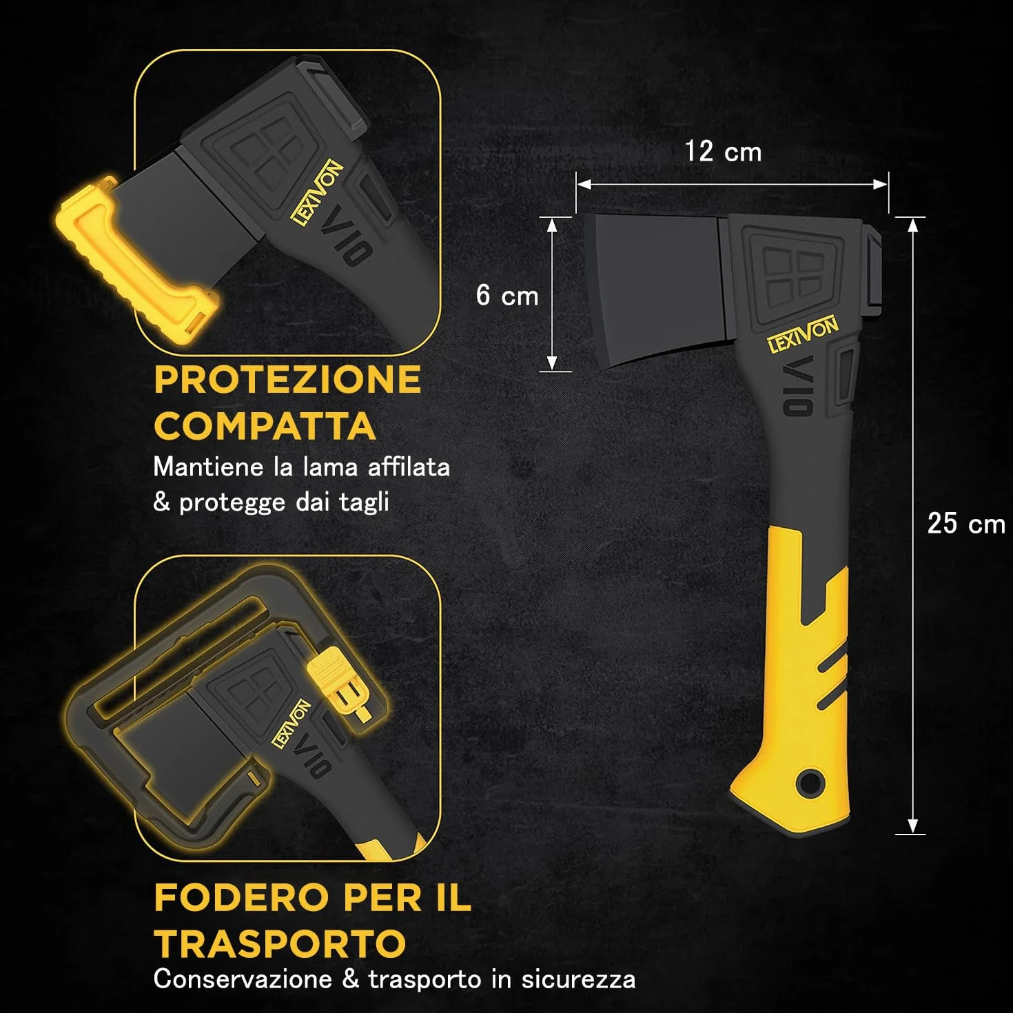 LEXIVON V10 Ascia Spaccalegna da campeggio 10" (25 cm) impugnatura ergonomica manico in vetroresina fodero protettivo incluso