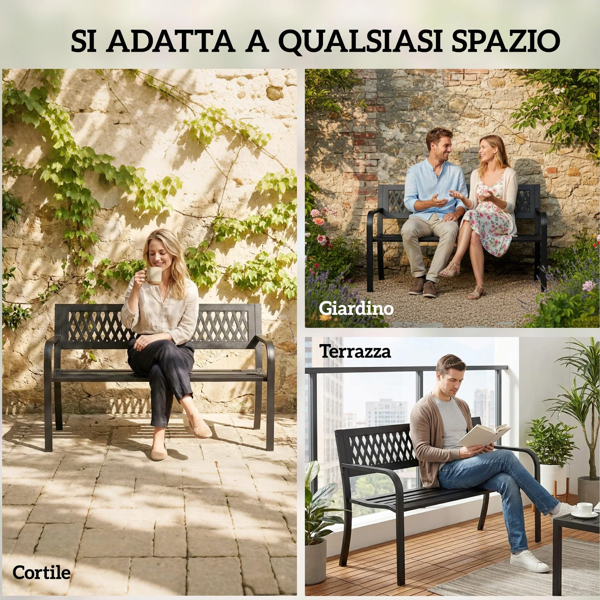 Outsunny Panchina da Giardino per Esterno 2 Posti, Panchina da Patio in Metallo con Braccioli e Seduta a Doghe, per Giardino, Parco, Balcone, Terrazzo, Capacità Fino 240 kg, Nero