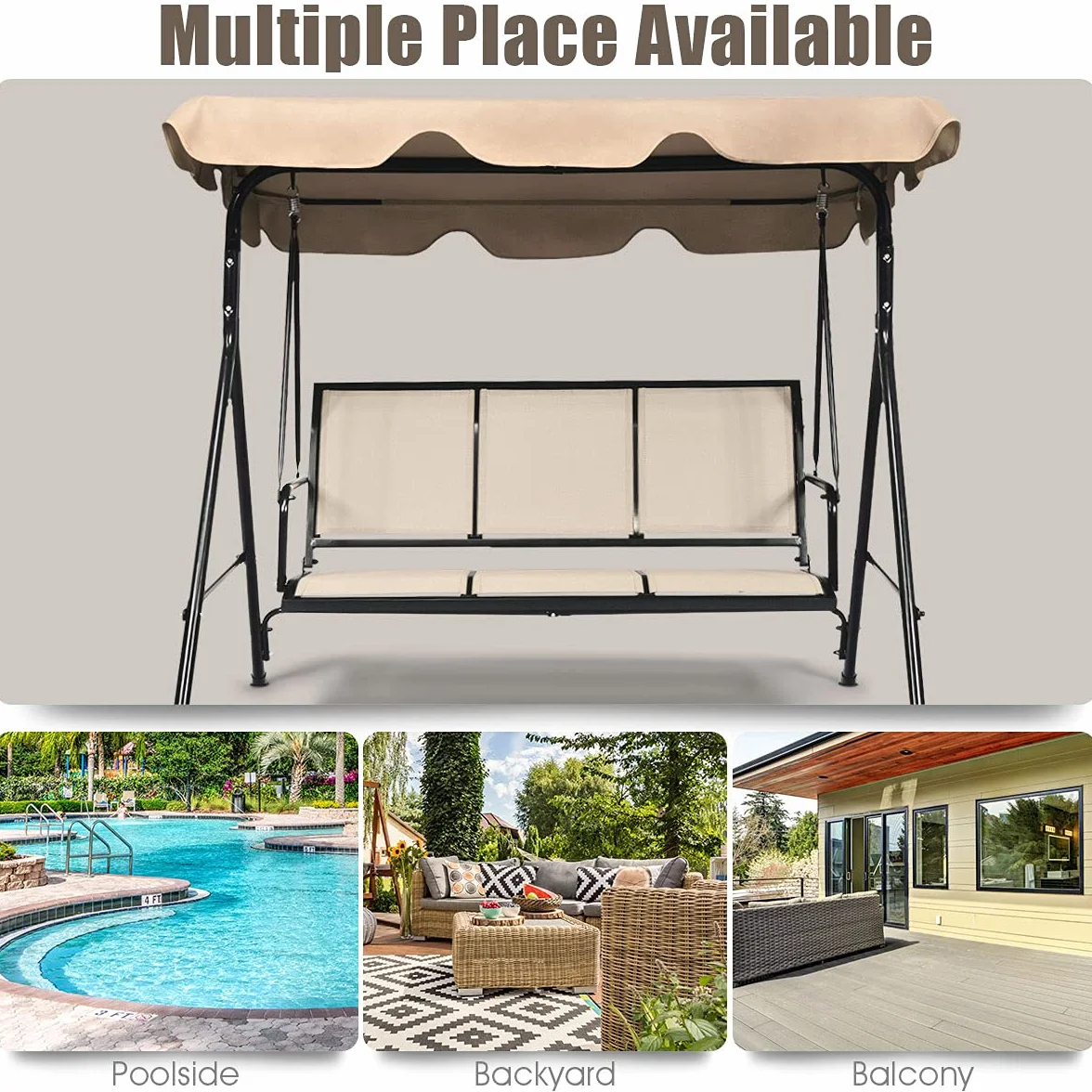 GIANTEX Dondolo da Giardino, a 3 Posti, Tetto di Ricambiabile, Telaio in Metallo e Texteline, con Copertura Anti-UV e Anti-Acqua, Arredo per Esterno, 173x119x152 cm, 2 Colori (1)