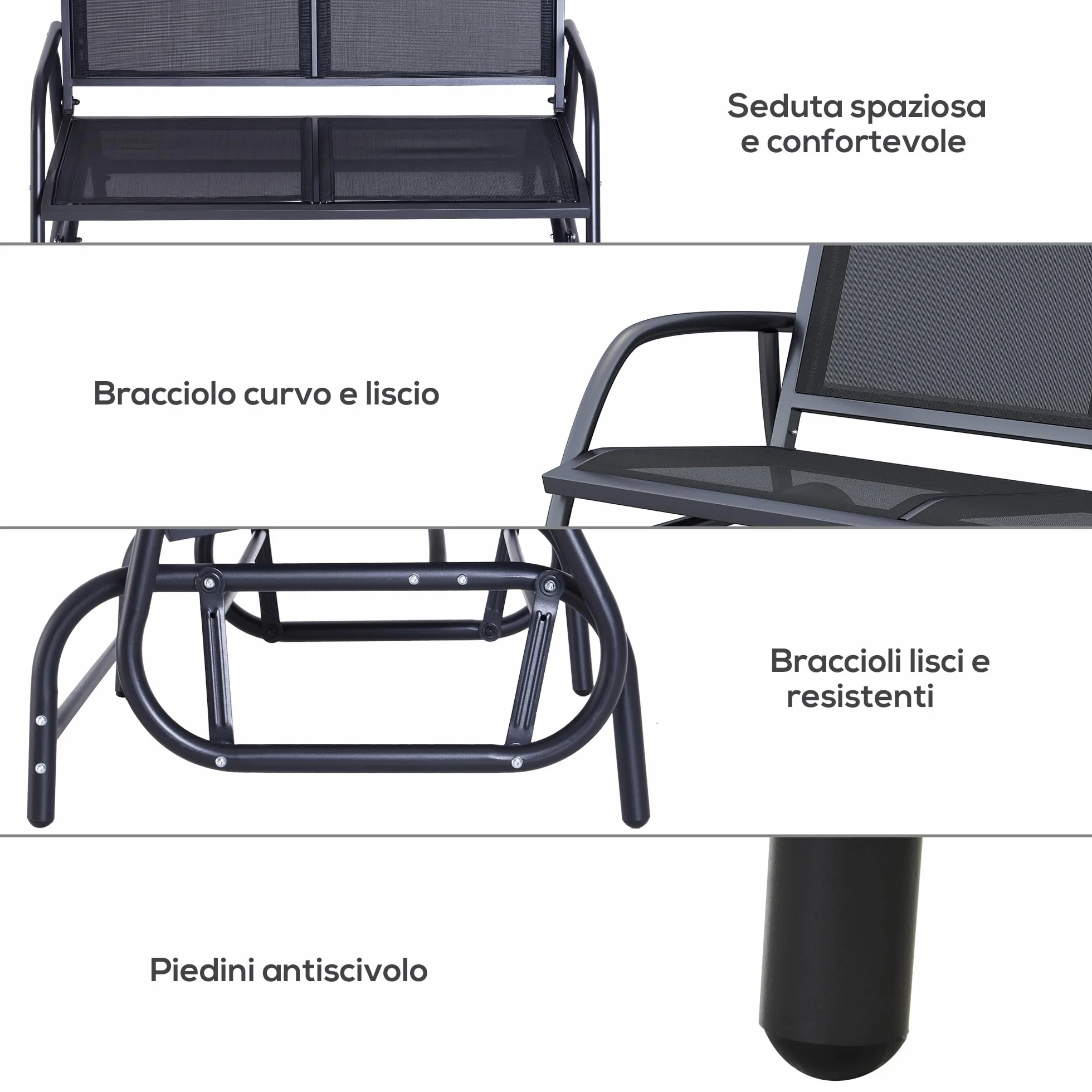 Outsunny Panchina a Dondolo da Giardino a 2 Posti in Metallo e Tessuto a Rete Traspirante, 120x70x85cm, Nero
