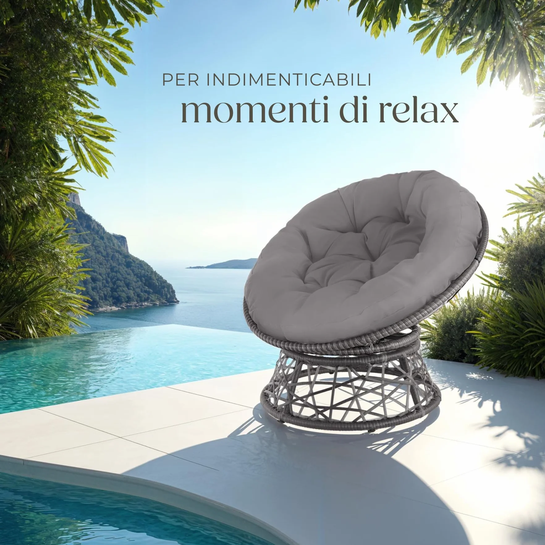 tectake®, Poltrona Rotonda in Rattan Girevole, Cuscino Confortevole, Sedia da Esterno, Giardino, Terrazzo, Stabile e Durevole, Grande Comfort, Adatta per Balcone e Giardino - Grigio