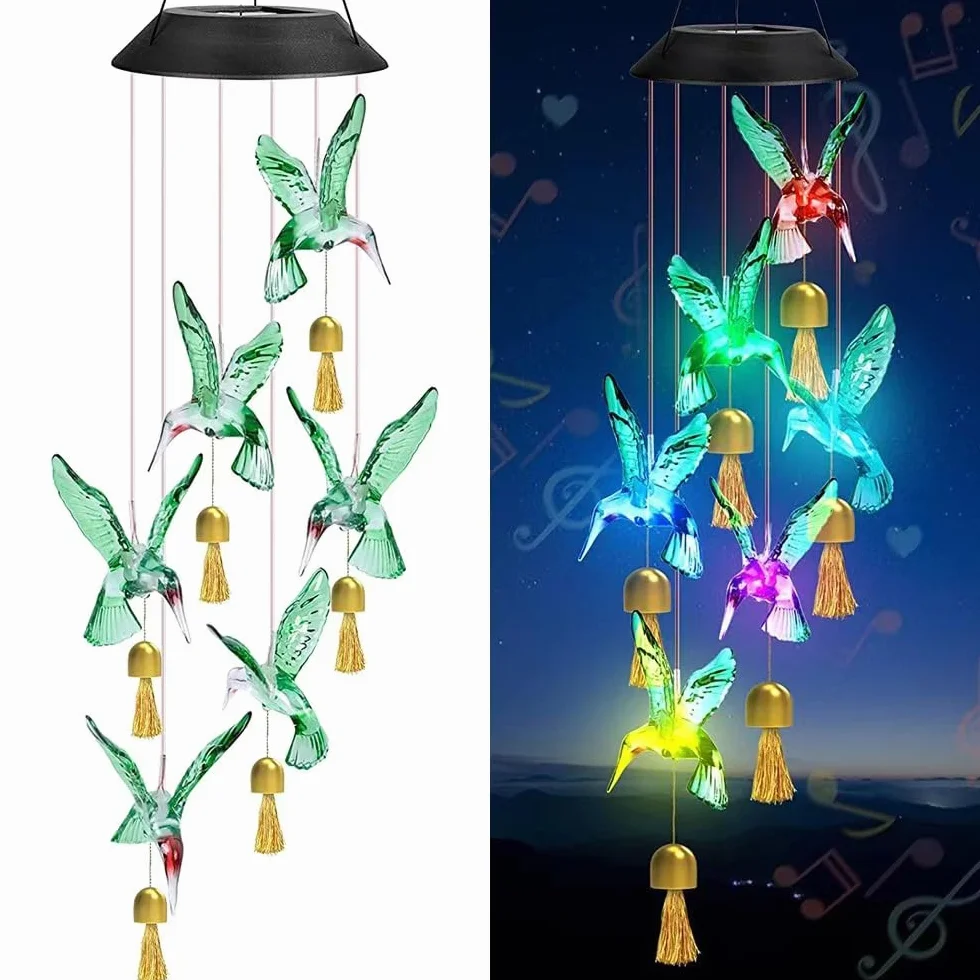 Carino Colibrì solare vento campana luce decorativa,Animale vento campane con campane, Un regalo per gli amici con luci decorative all'aperto colorate a LED mobili.