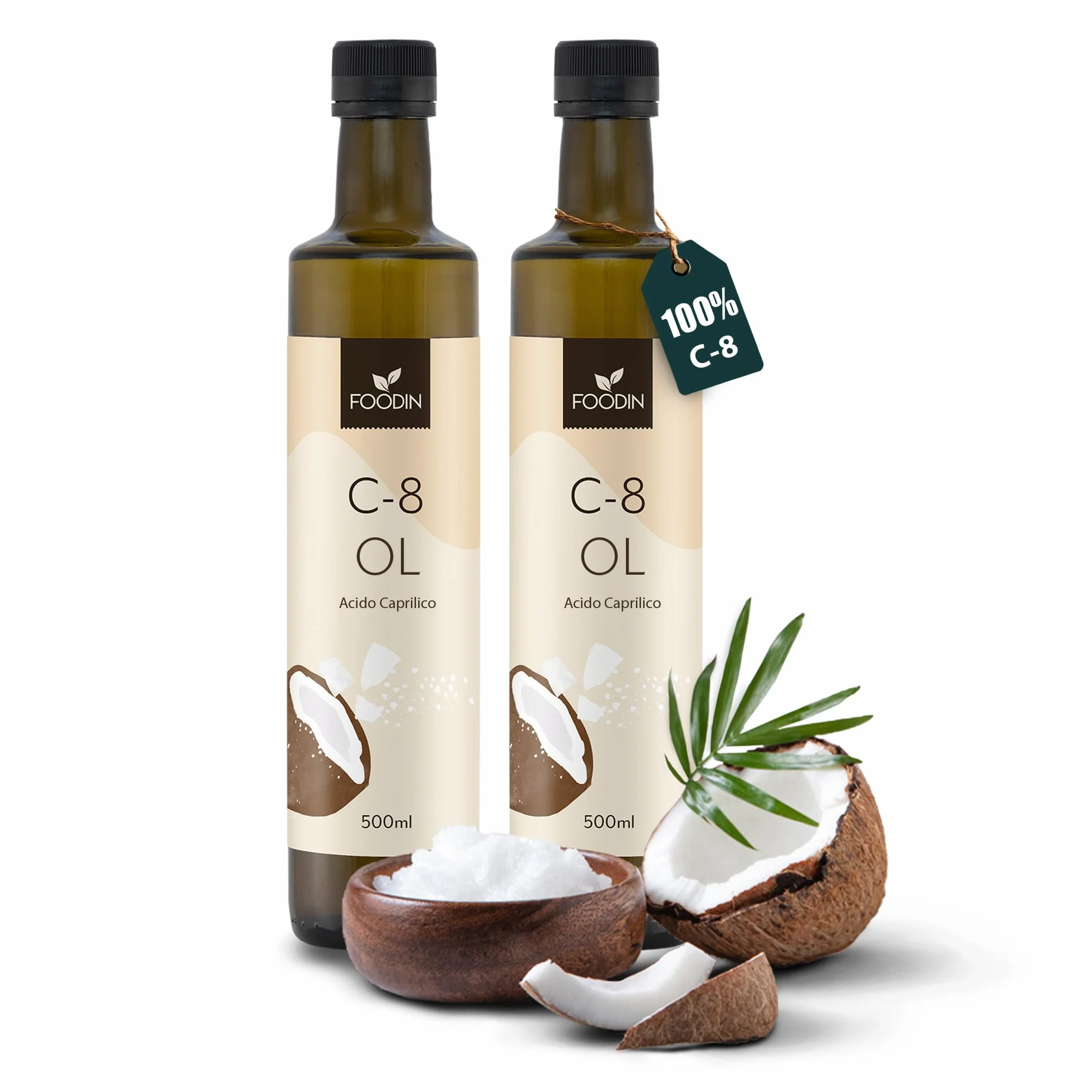 FOODIN MCT Oil C8, 1000 ml di olio di cocco, ideale per la dieta chetogenica, chetoni di olio MCT da bere, 3 volte più chetoni (100% C8), olio di cocco liquido e non aromatizzato (2x500 ml)
