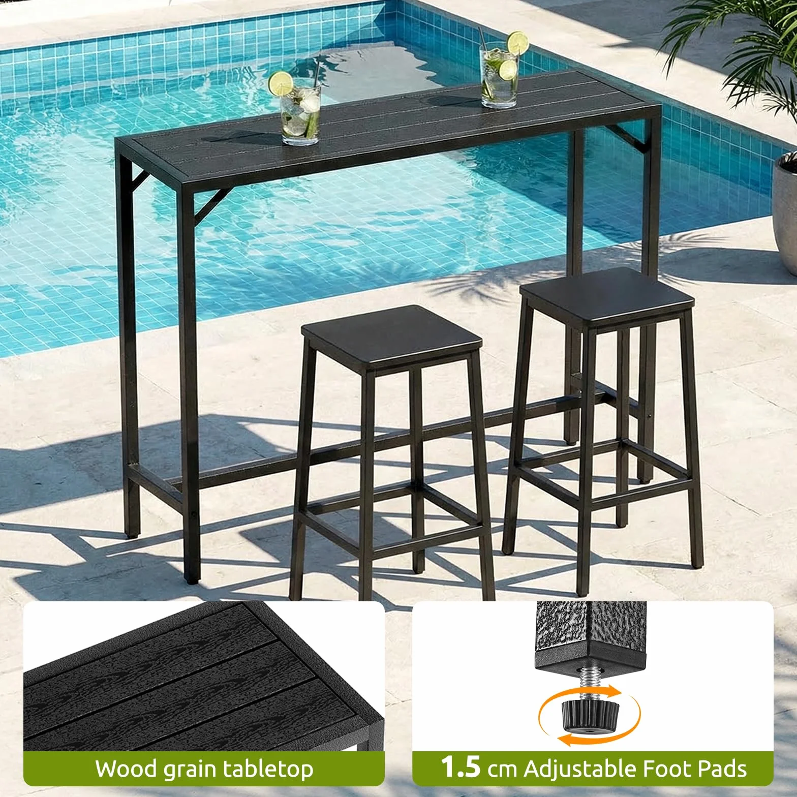 LIFERUN Outdoor Bar Table, 120 x 38 x 98 cm, Tavolo da Giardino Cortile con Piano Impermeabile, Tavolo da Bar Alto con Piedini Regolabili, adatto per Terrazza, Bordo Piscina, Soggiorno, Nero